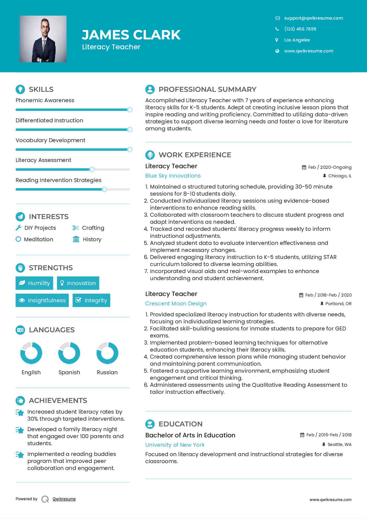 Literacy Teacher Resume Model