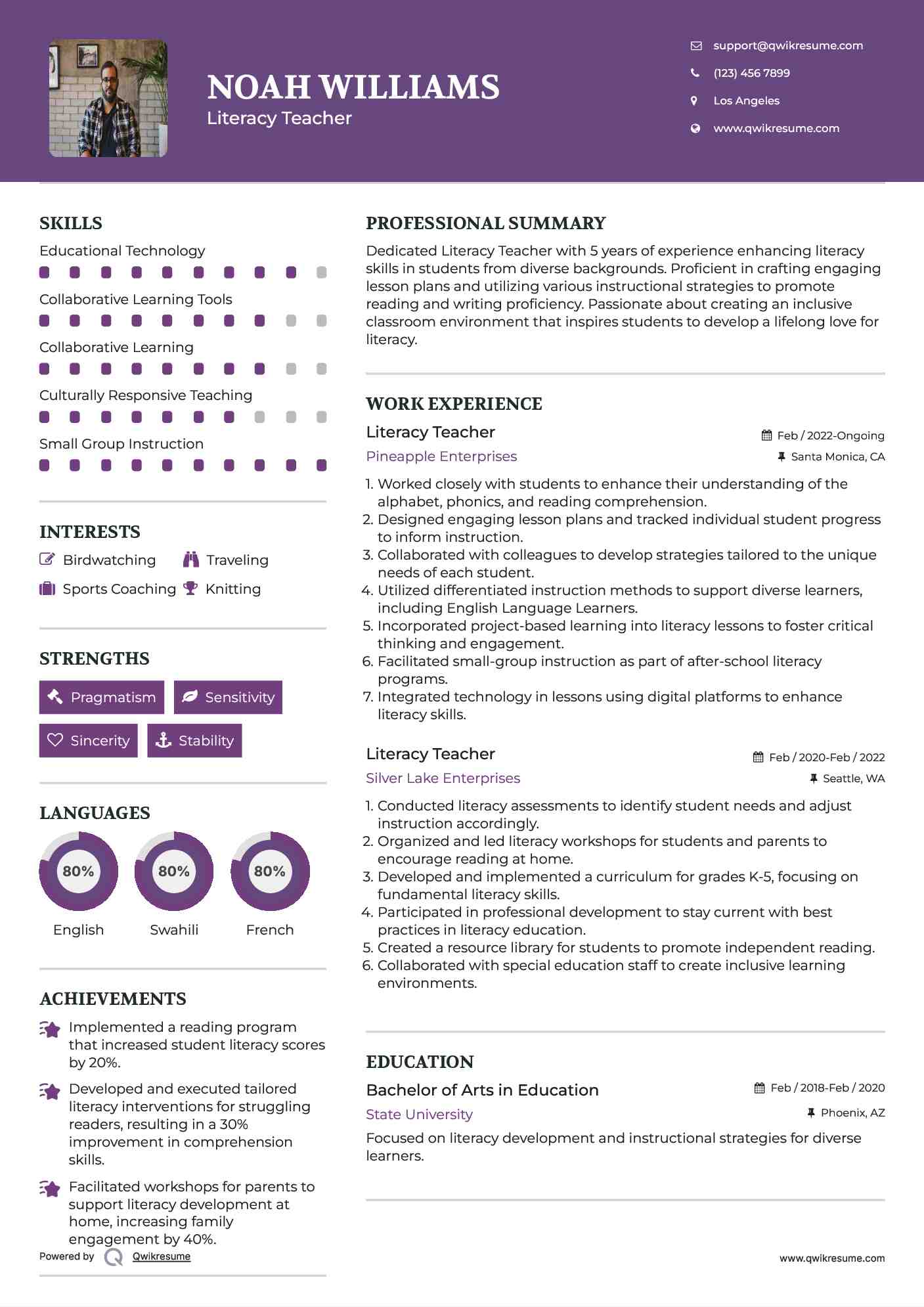 Literacy Teacher Resume Template