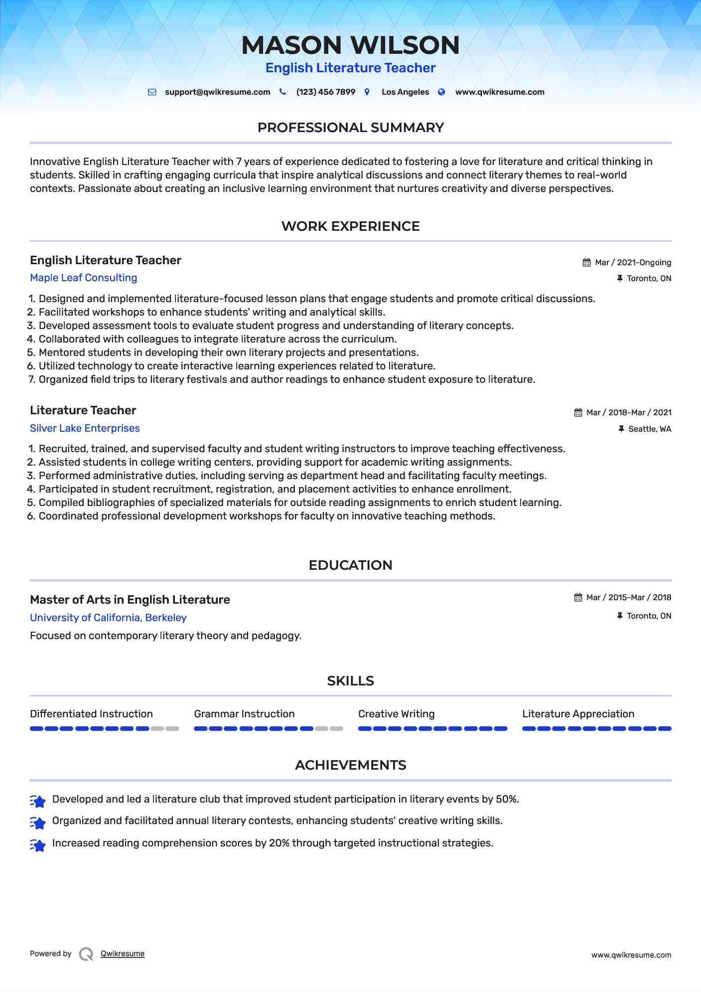 English Literature Teacher Resume Model
