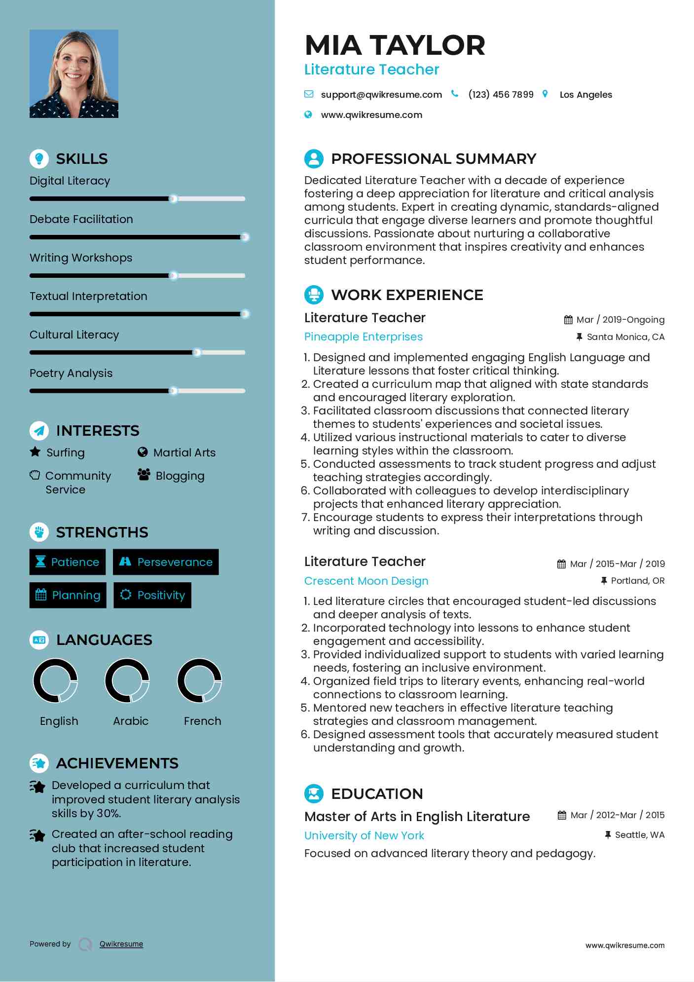 Literature Teacher Resume Template