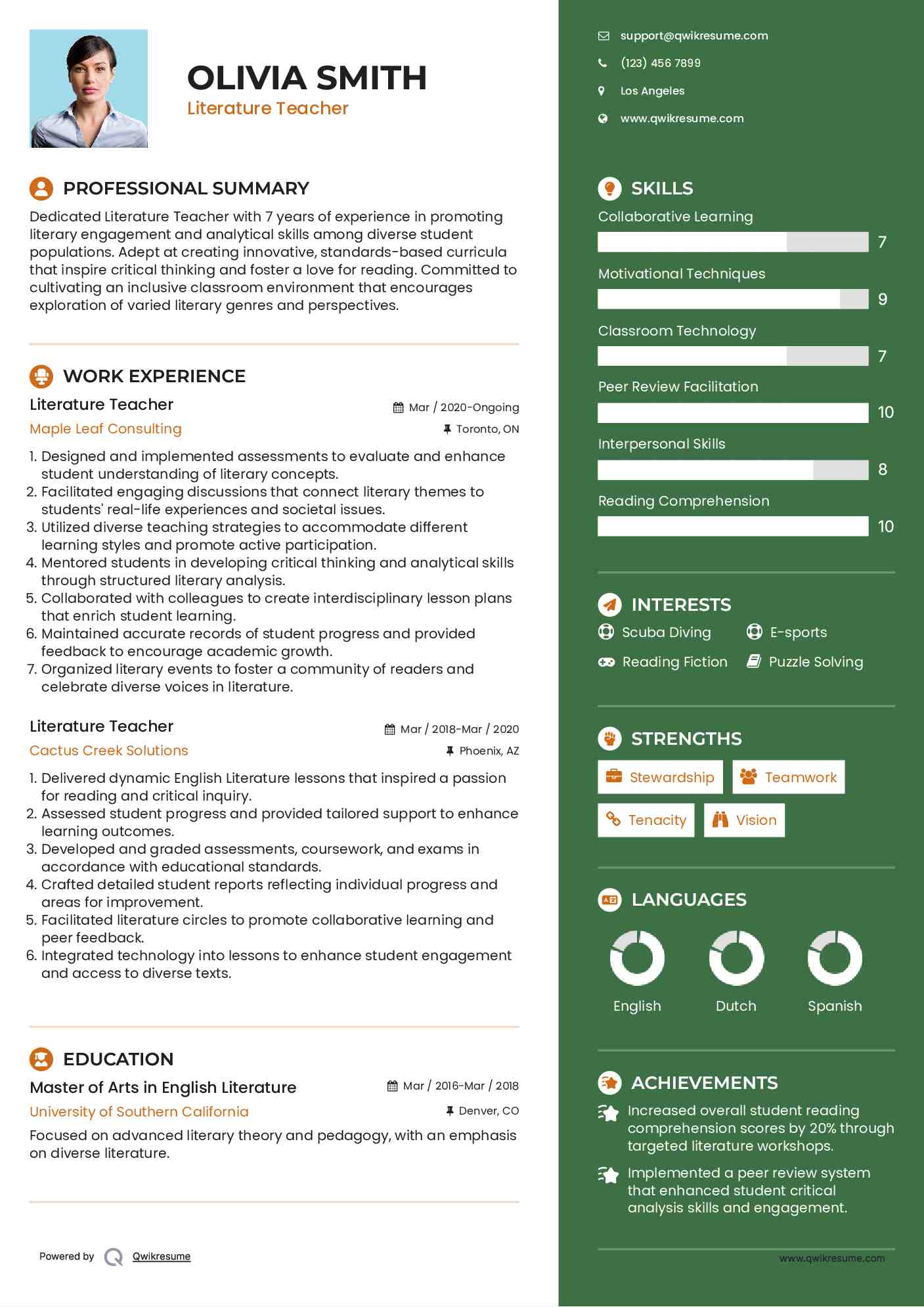 Literature Teacher Resume Format