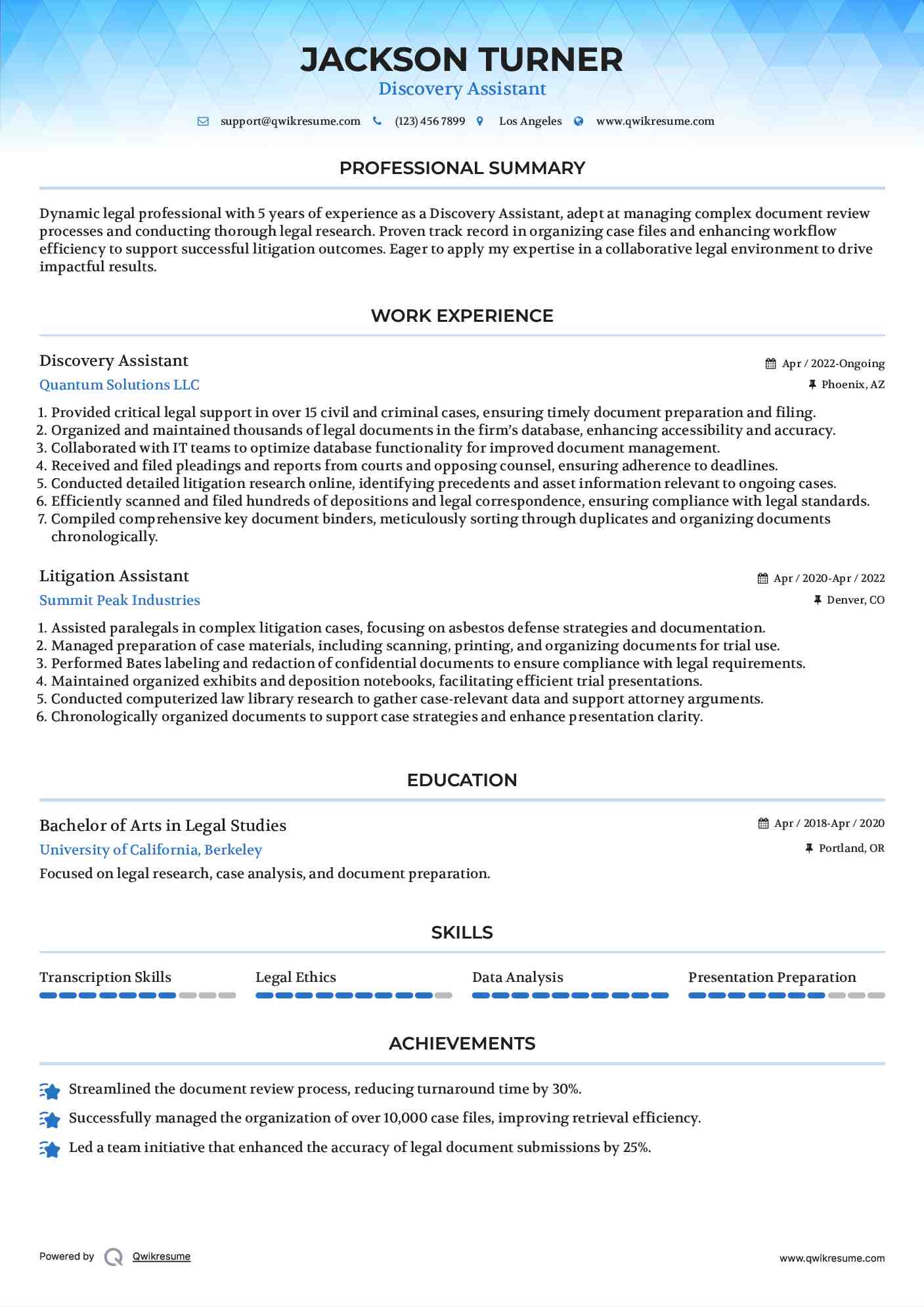 Discovery Assistant Resume Format