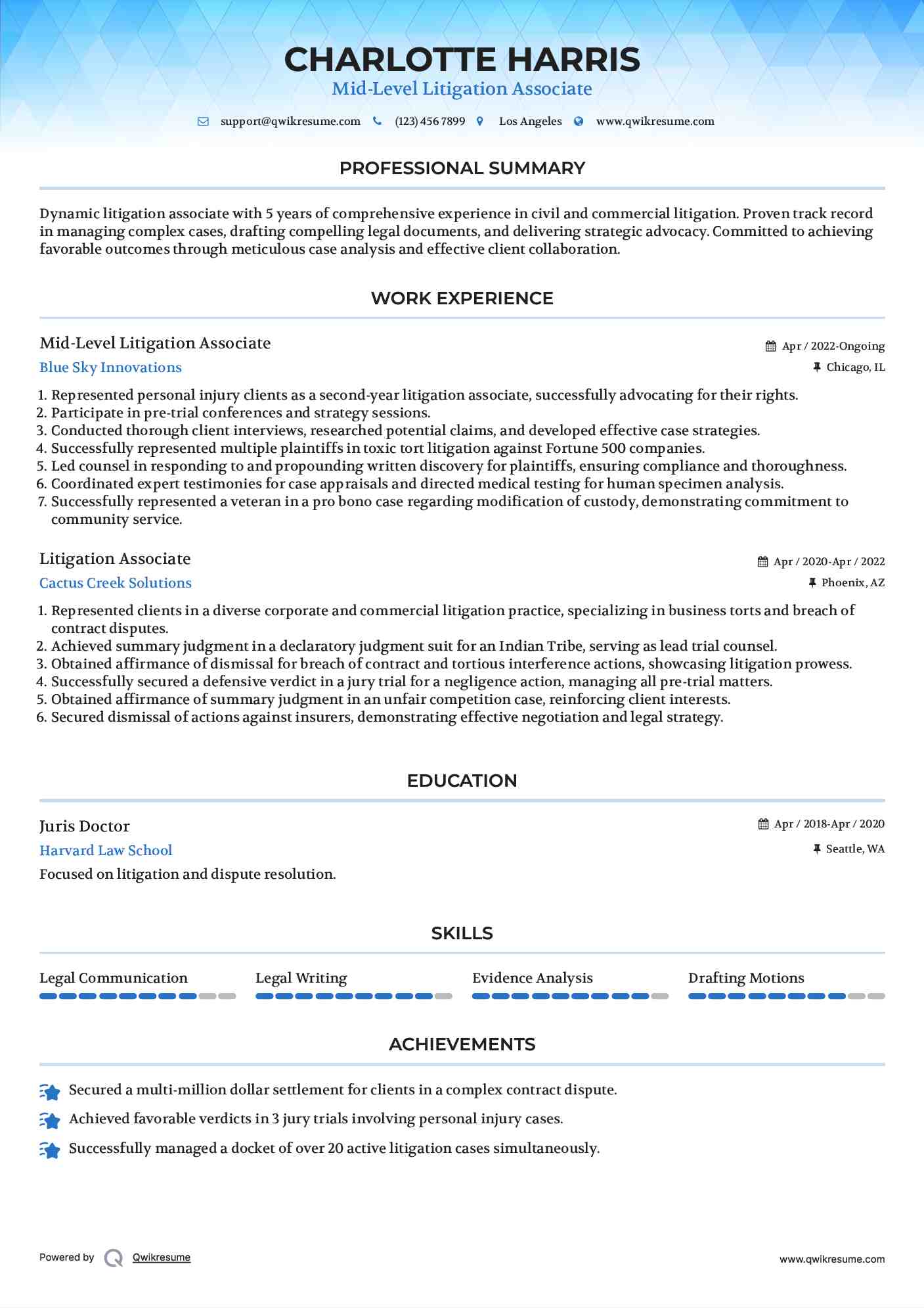 Mid-Level Litigation Associate Resume Example