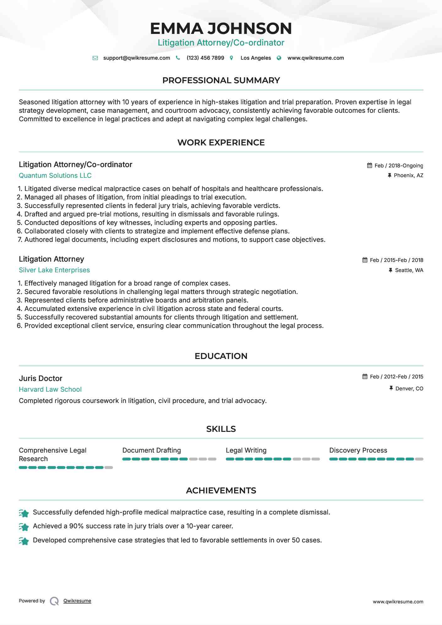 Litigation Attorney/Co-ordinator Resume Model