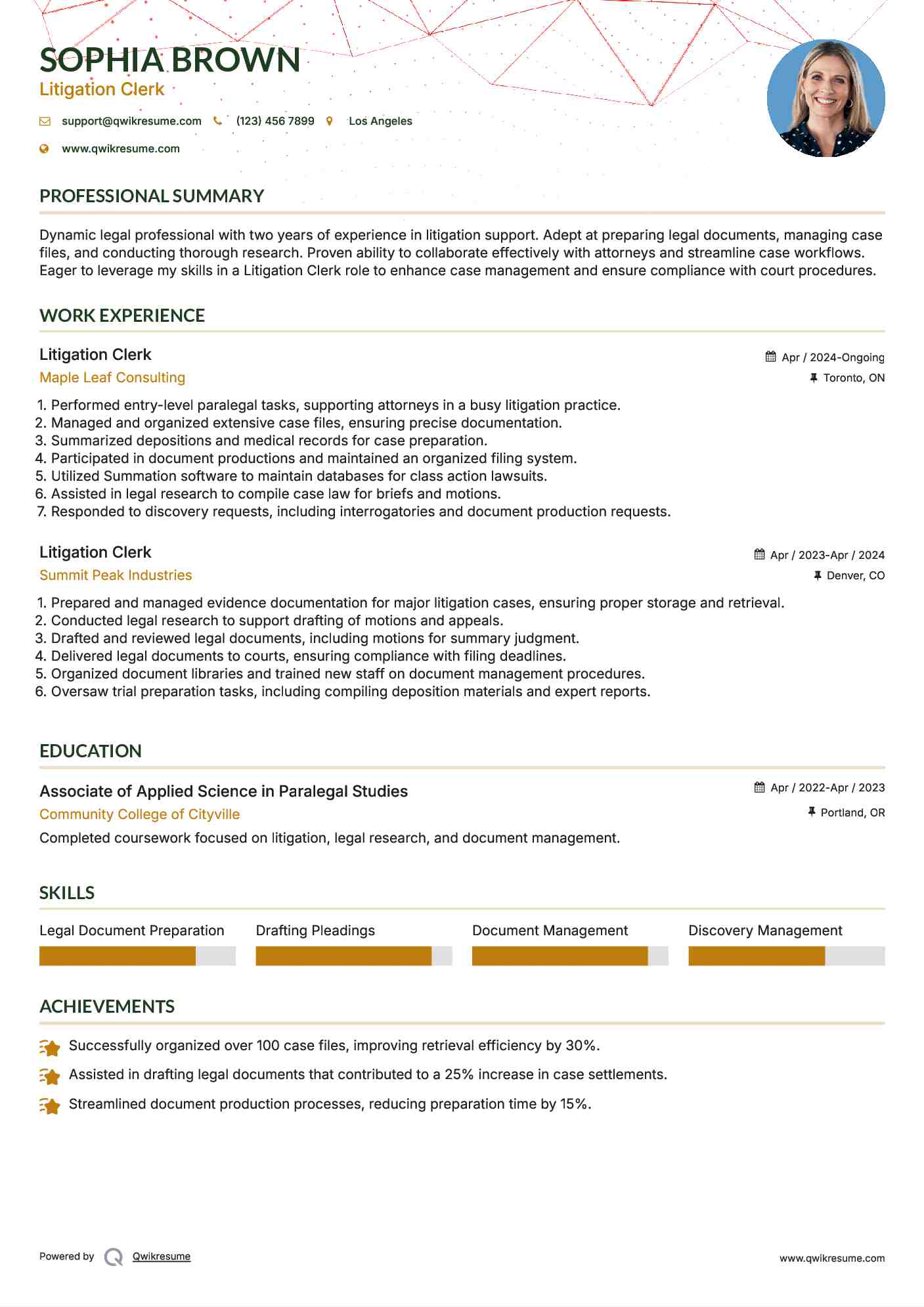 Litigation Clerk Resume Example