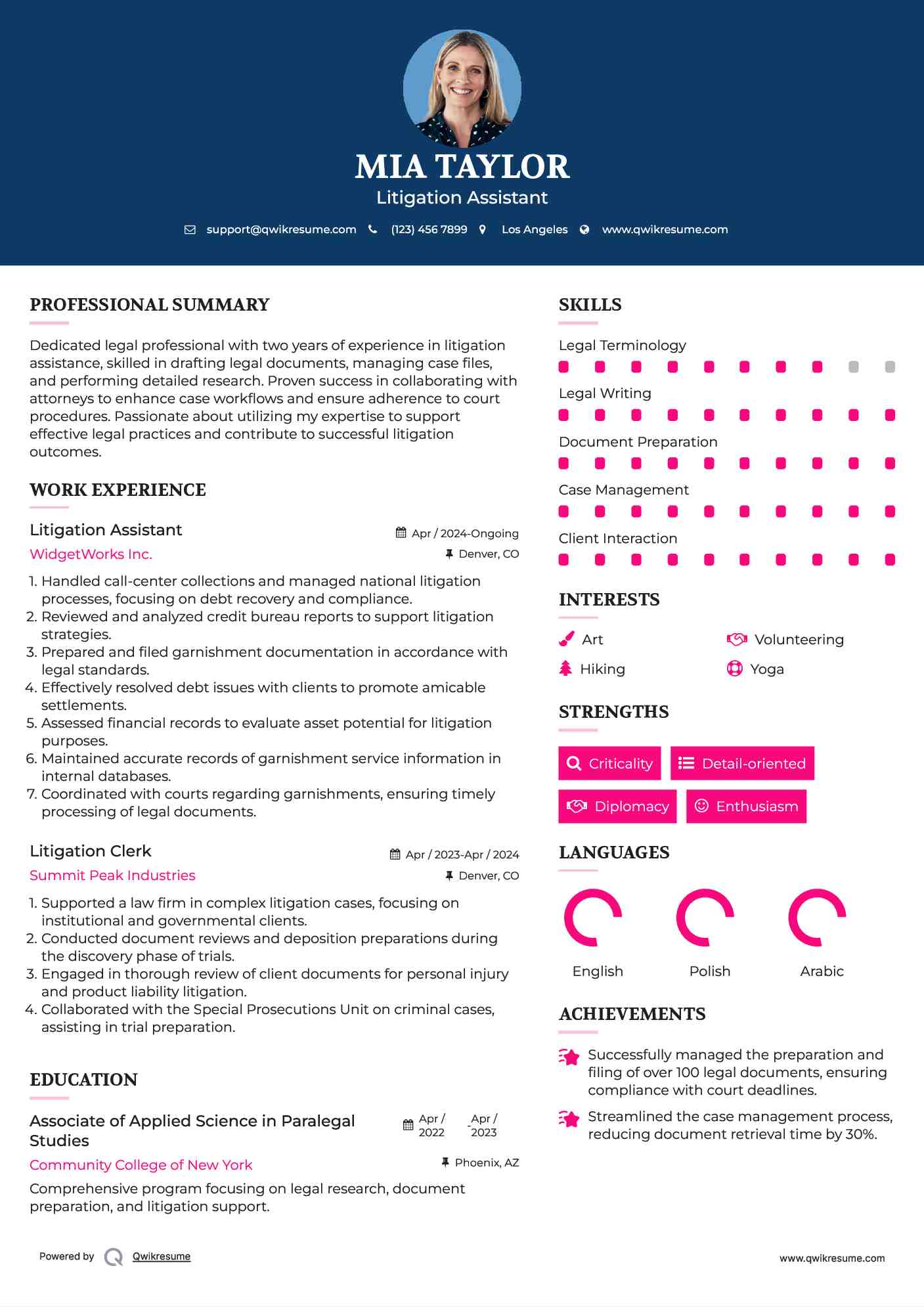 Litigation Assistant Resume Sample