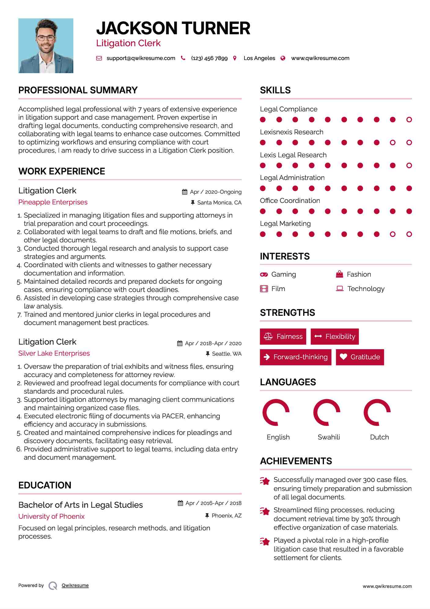 Litigation Clerk Resume Model