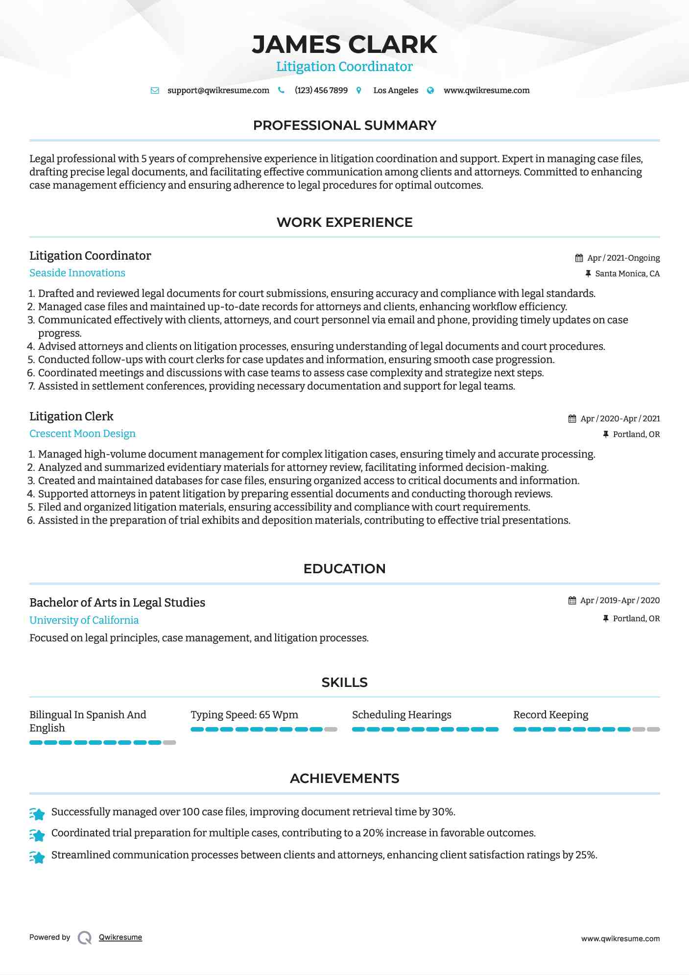 Litigation Coordinator Resume Model