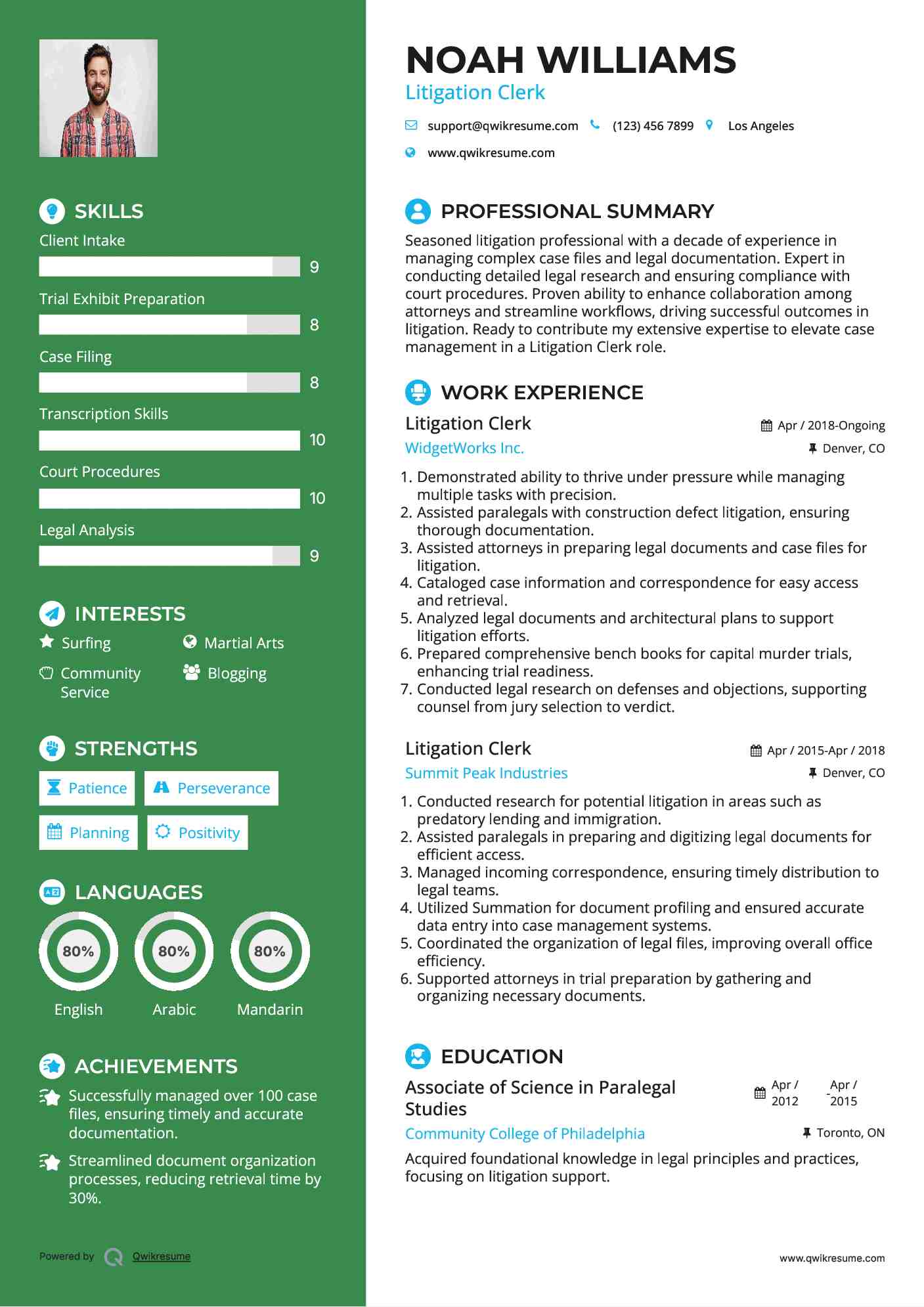 Litigation Clerk Resume Sample
