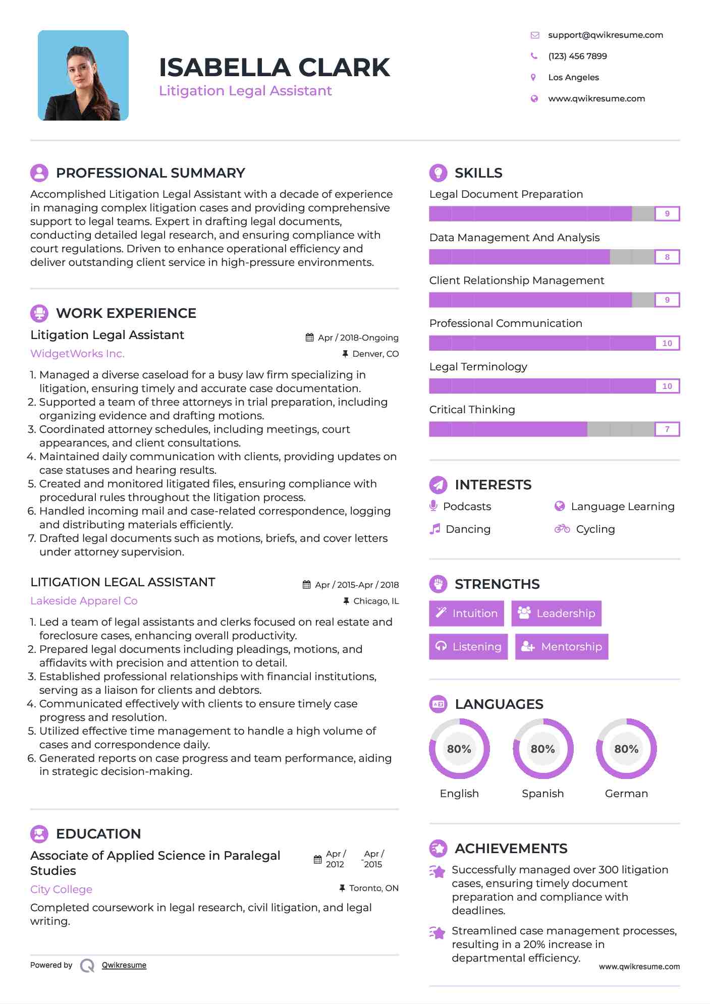 Litigation Legal Assistant Resume Model