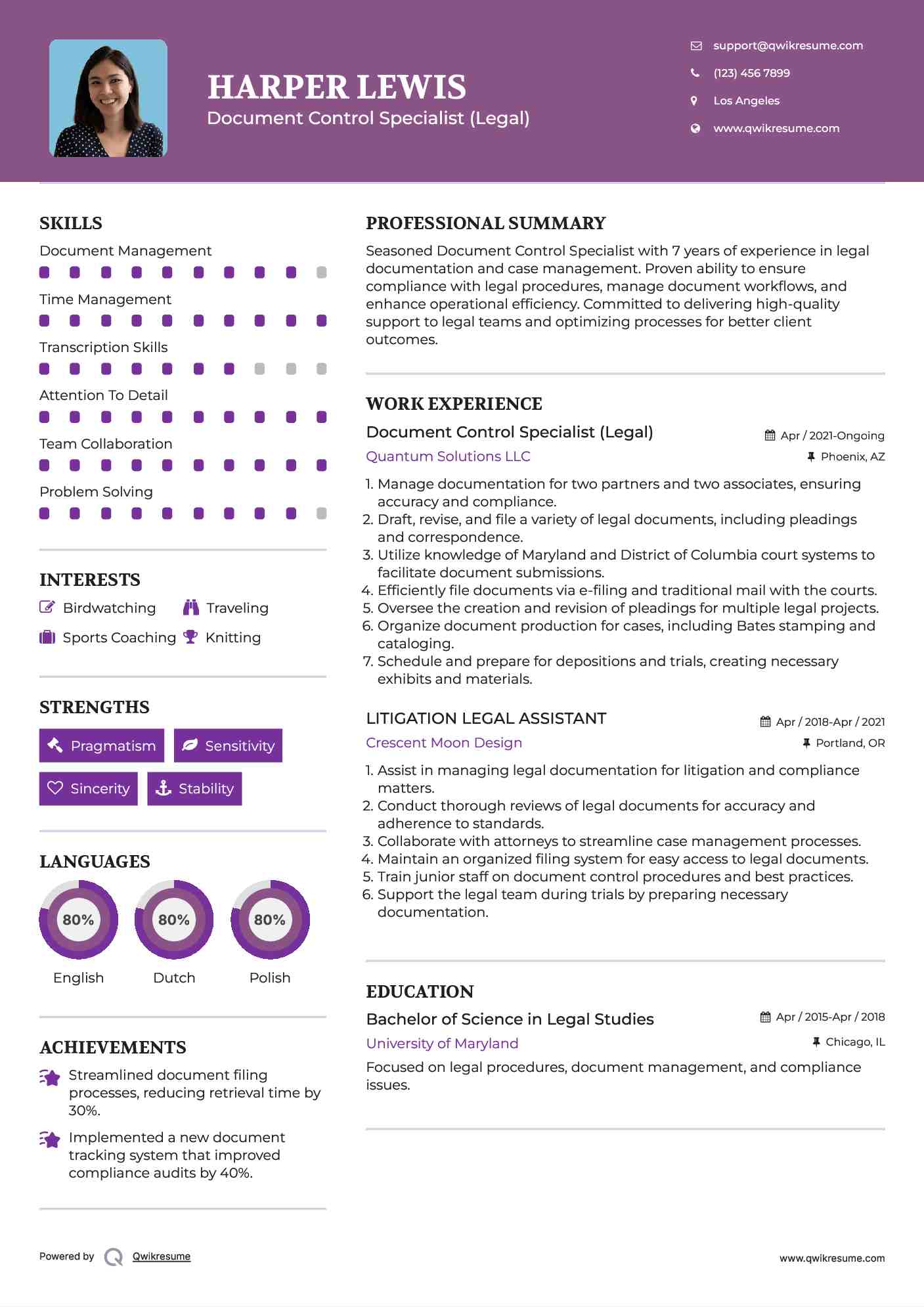 Document Control Specialist (Legal) Resume Format