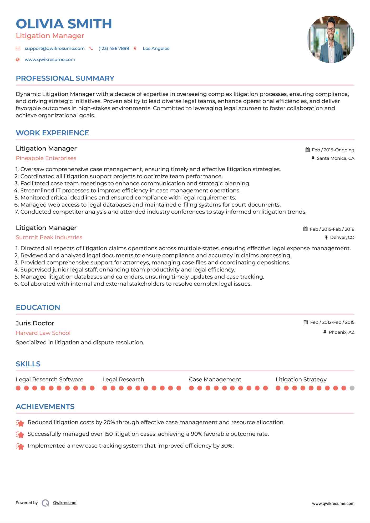 Litigation Manager Resume Model