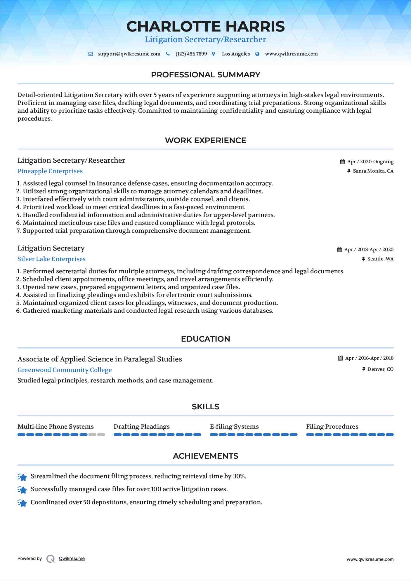 Litigation Secretary/Researcher Resume Example