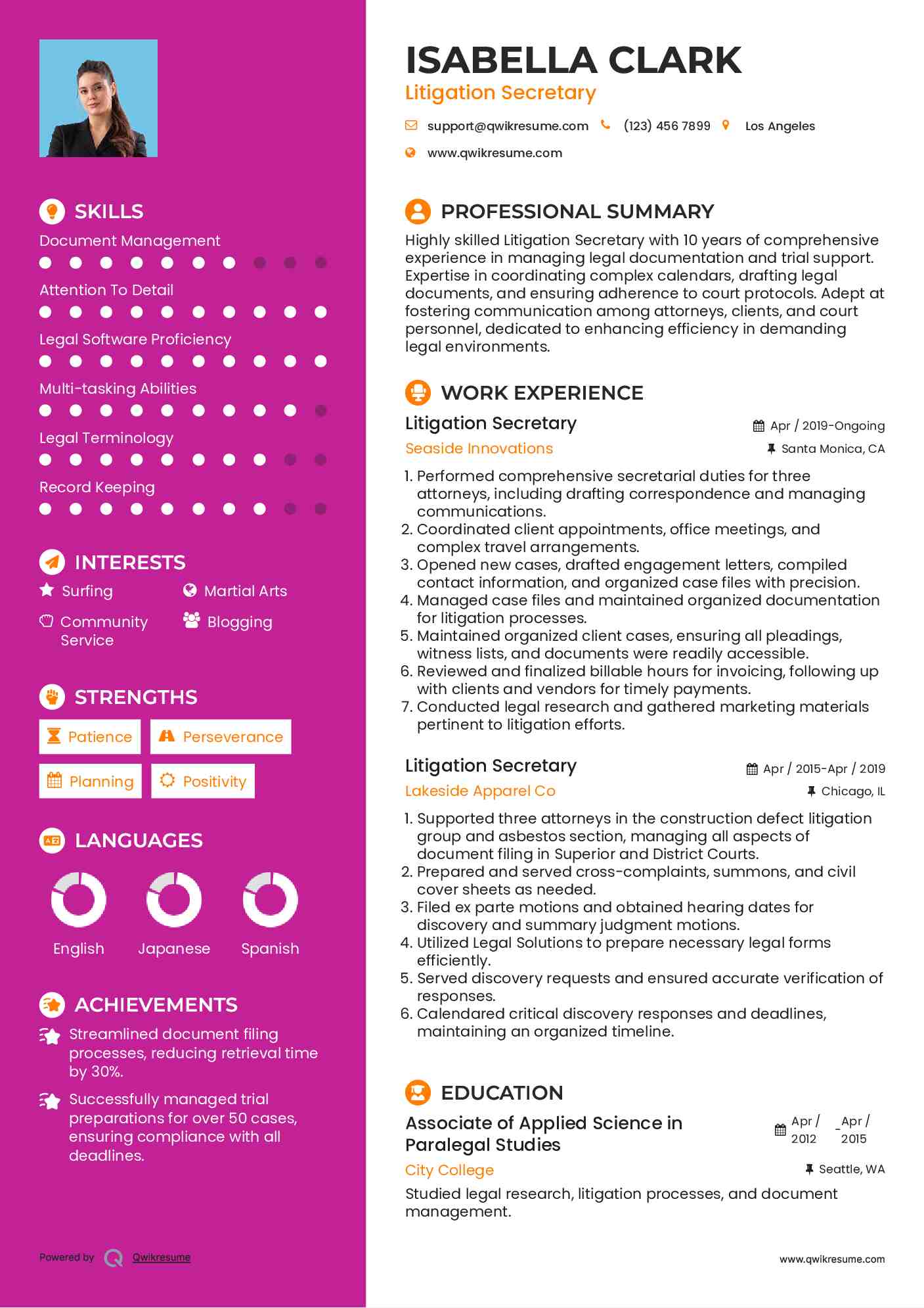 Litigation Secretary Resume Sample