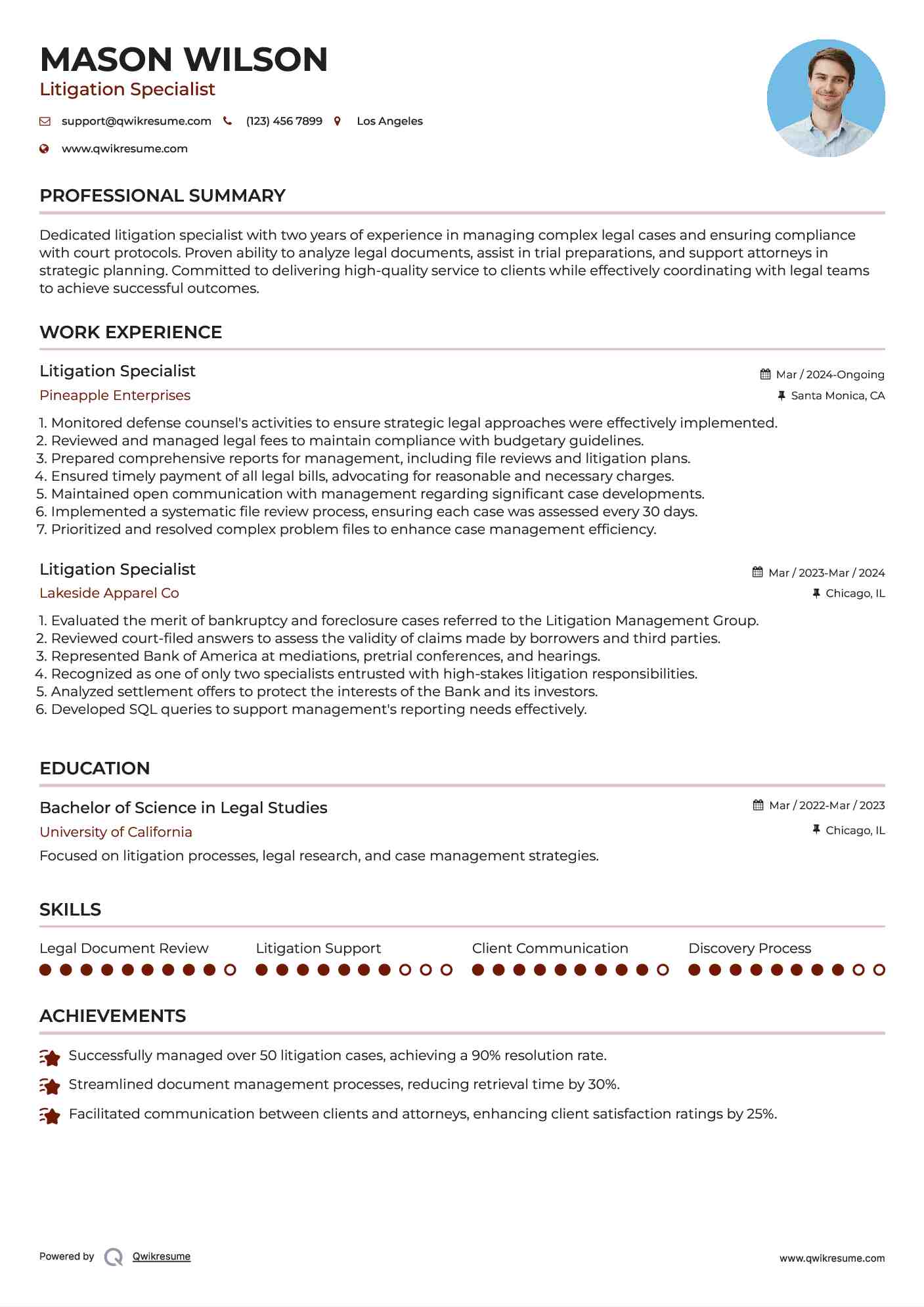 Litigation Specialist Resume Format
