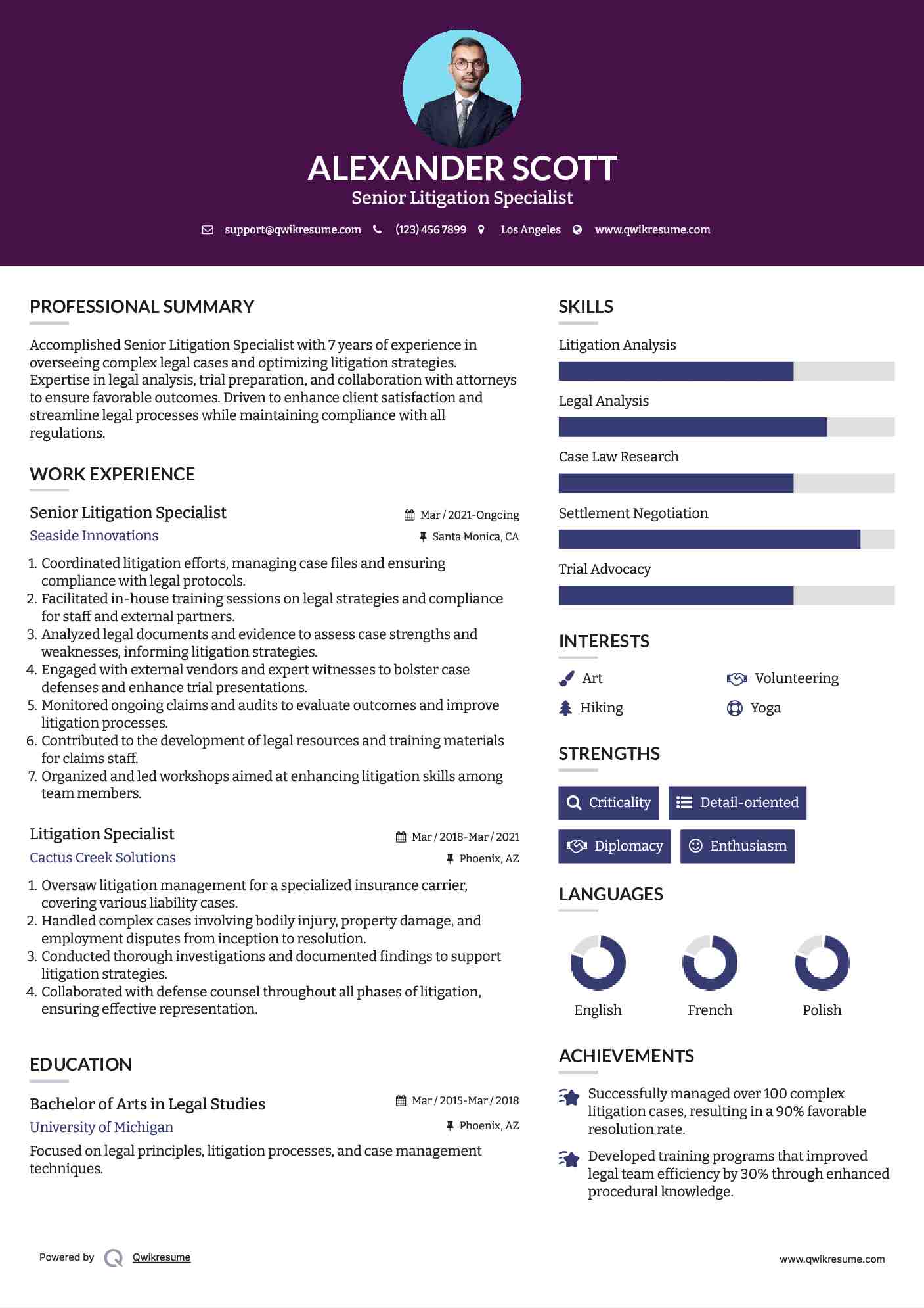 Senior Litigation Specialist Resume Example