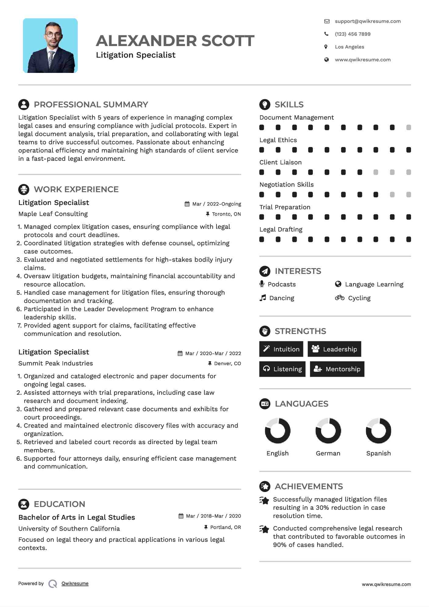 Litigation Specialist Resume Example