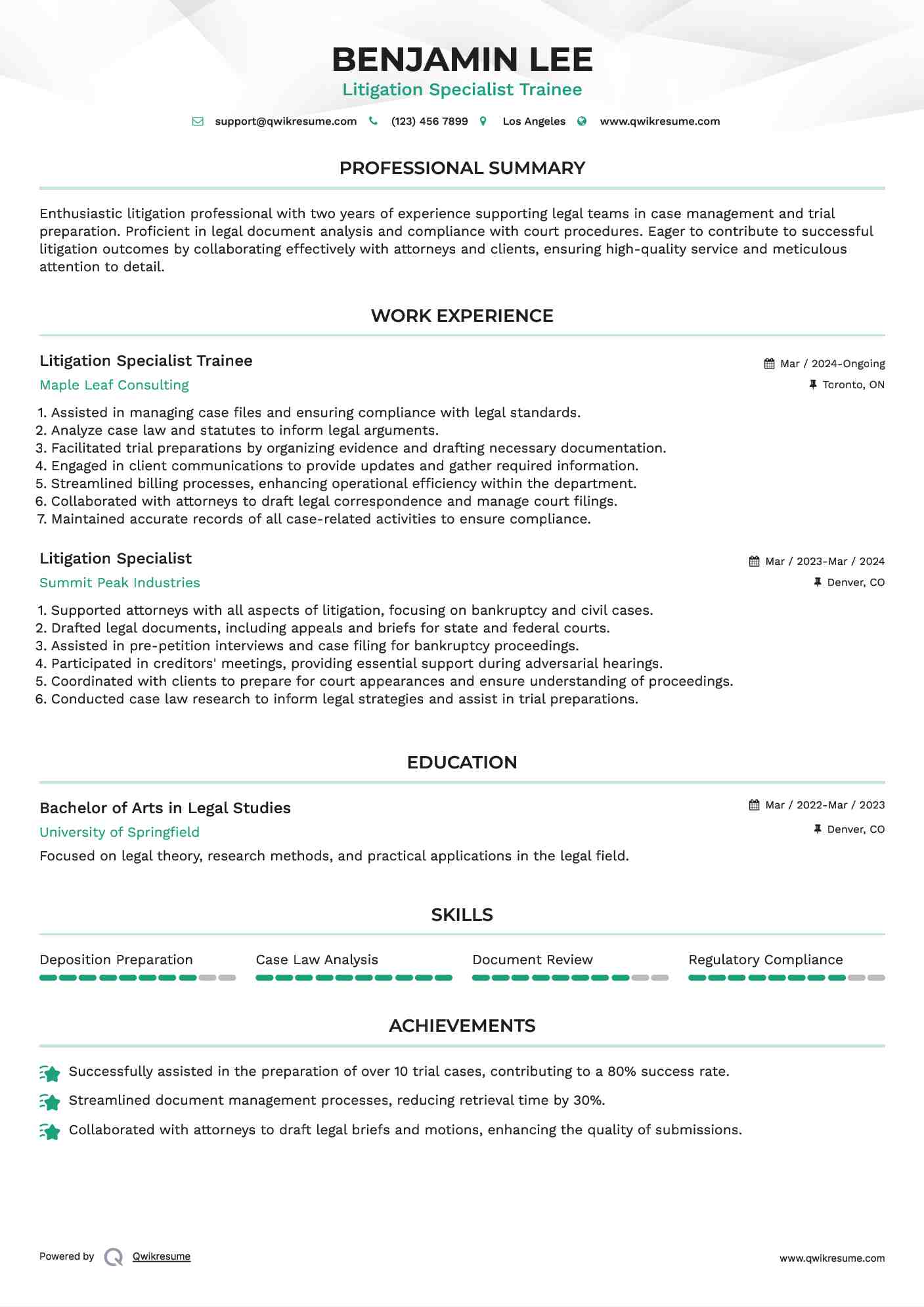 Litigation Specialist Trainee Resume Template