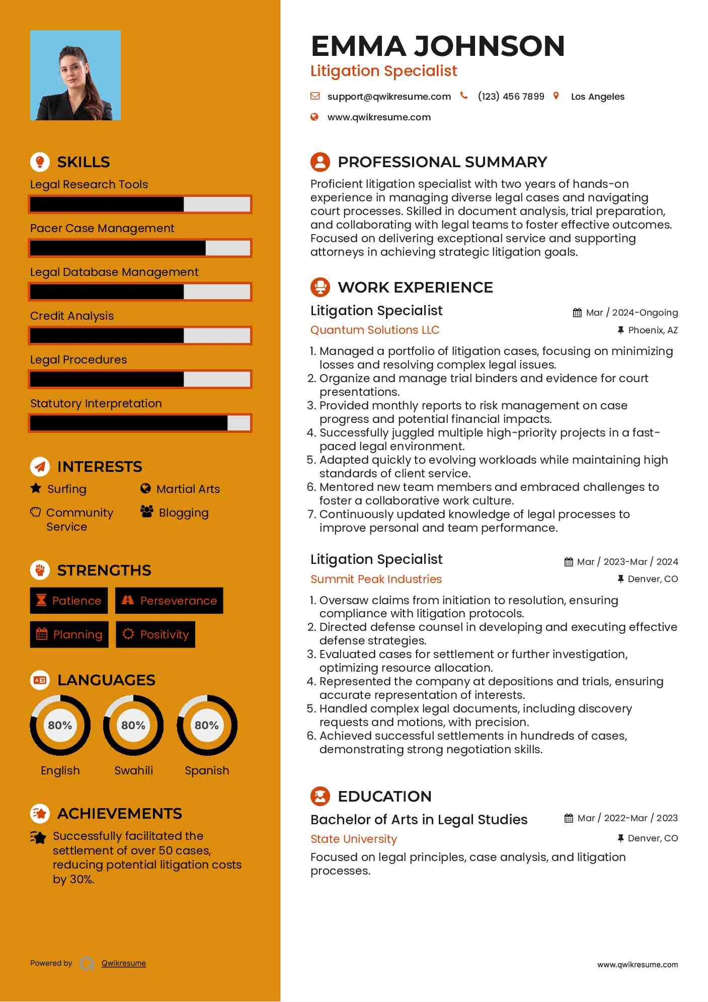 Litigation Specialist Resume Template