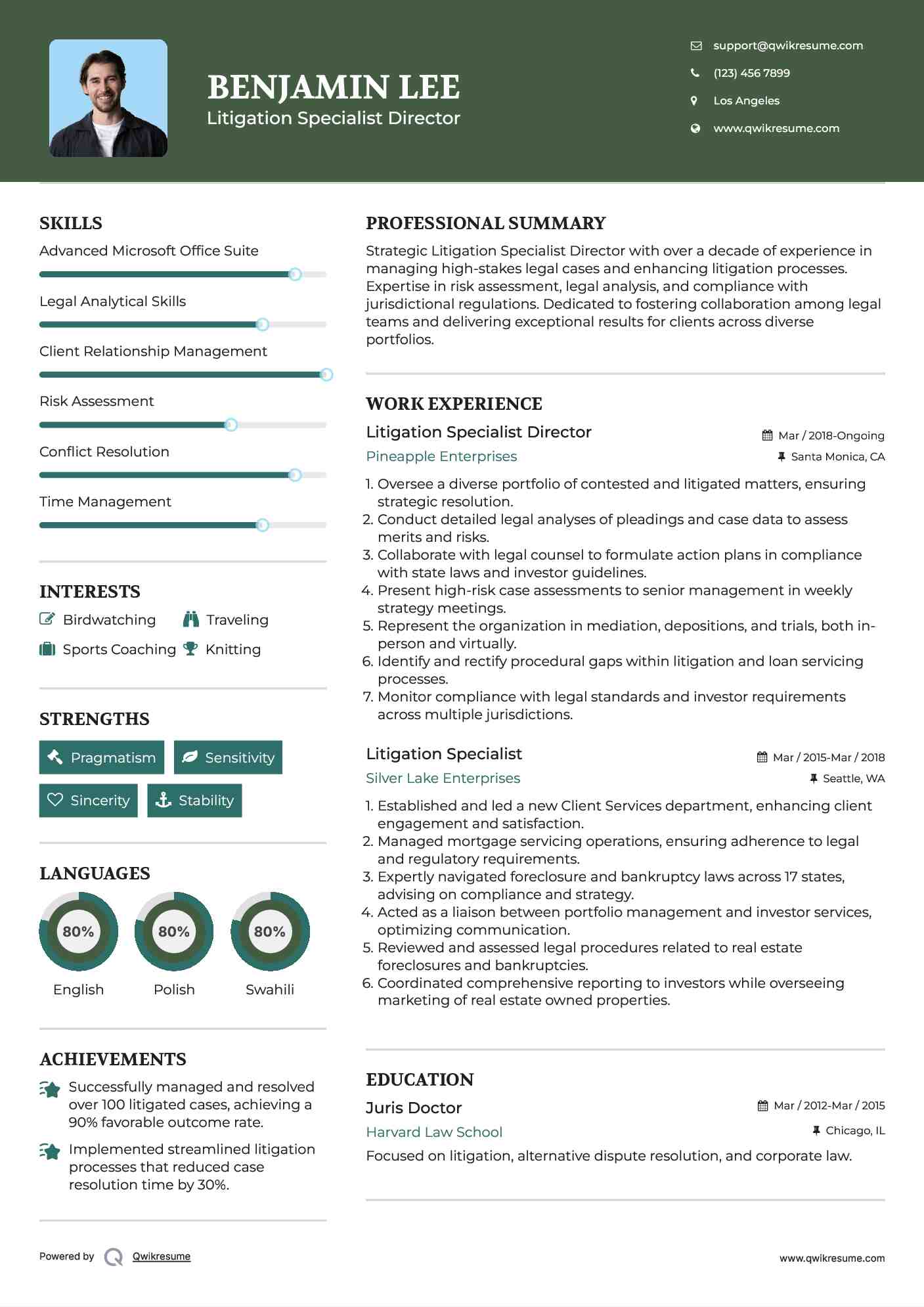 Litigation Specialist Director Resume Format