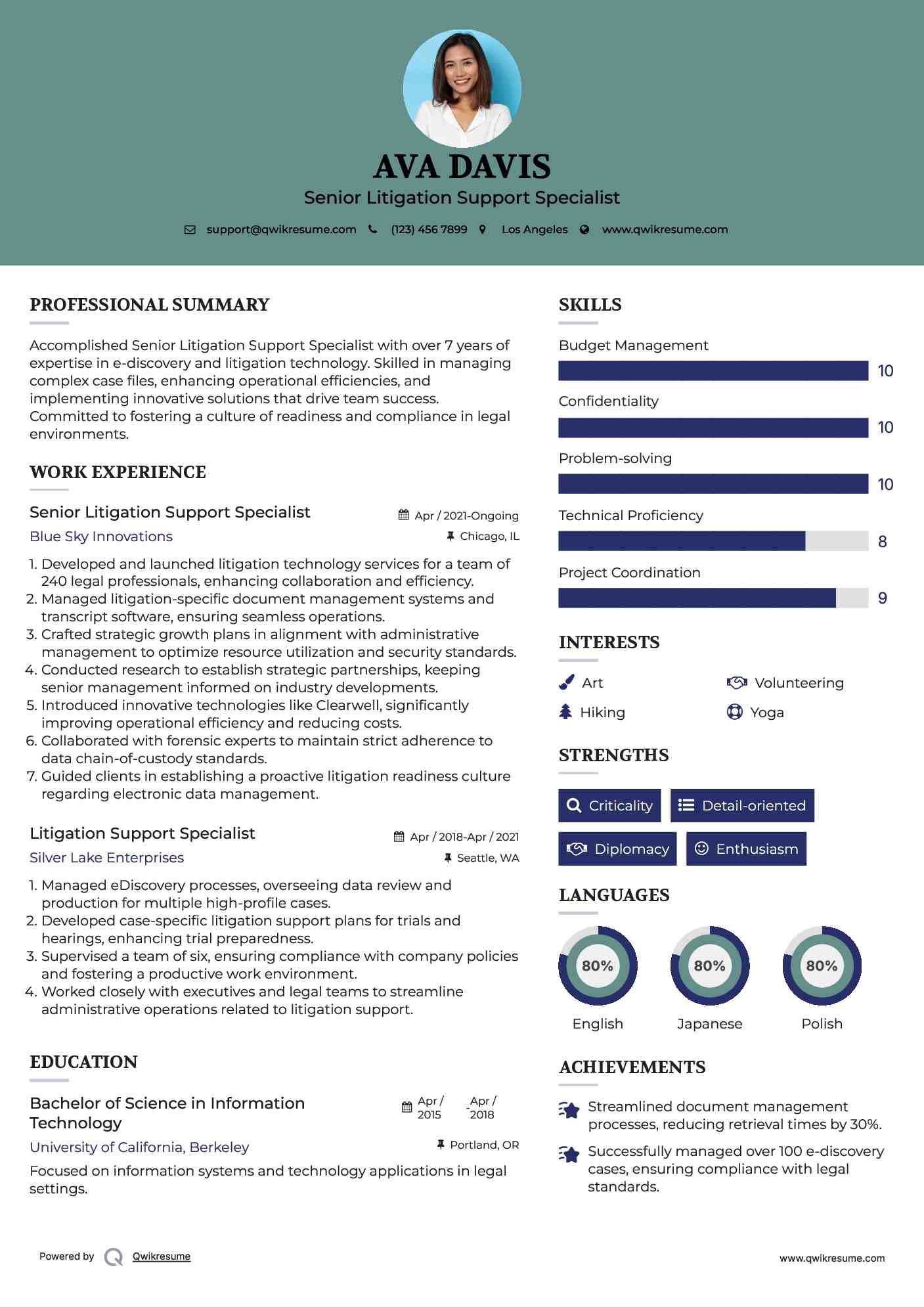 Senior Litigation Support Specialist Resume Example