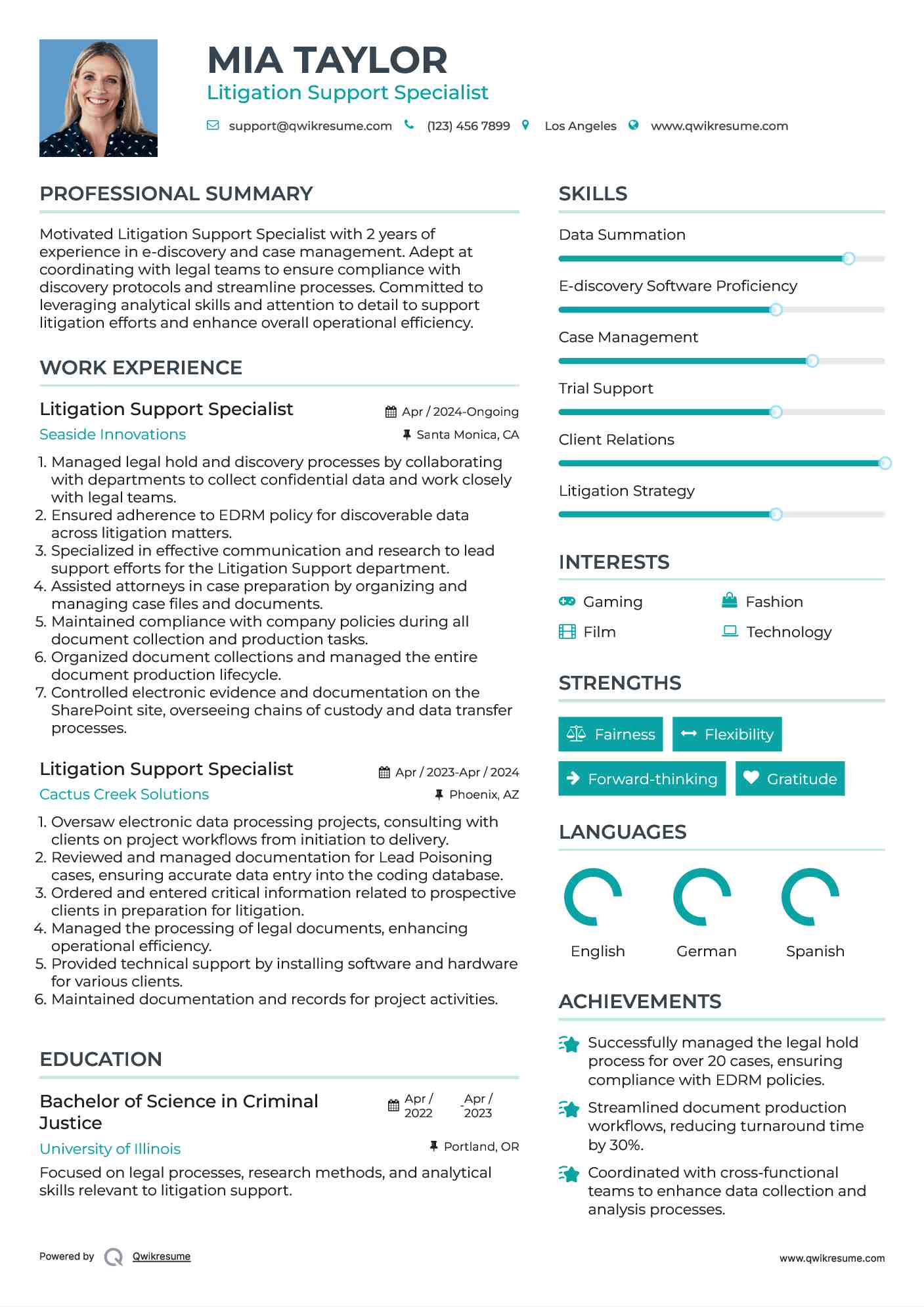 Litigation Support Specialist Resume Format