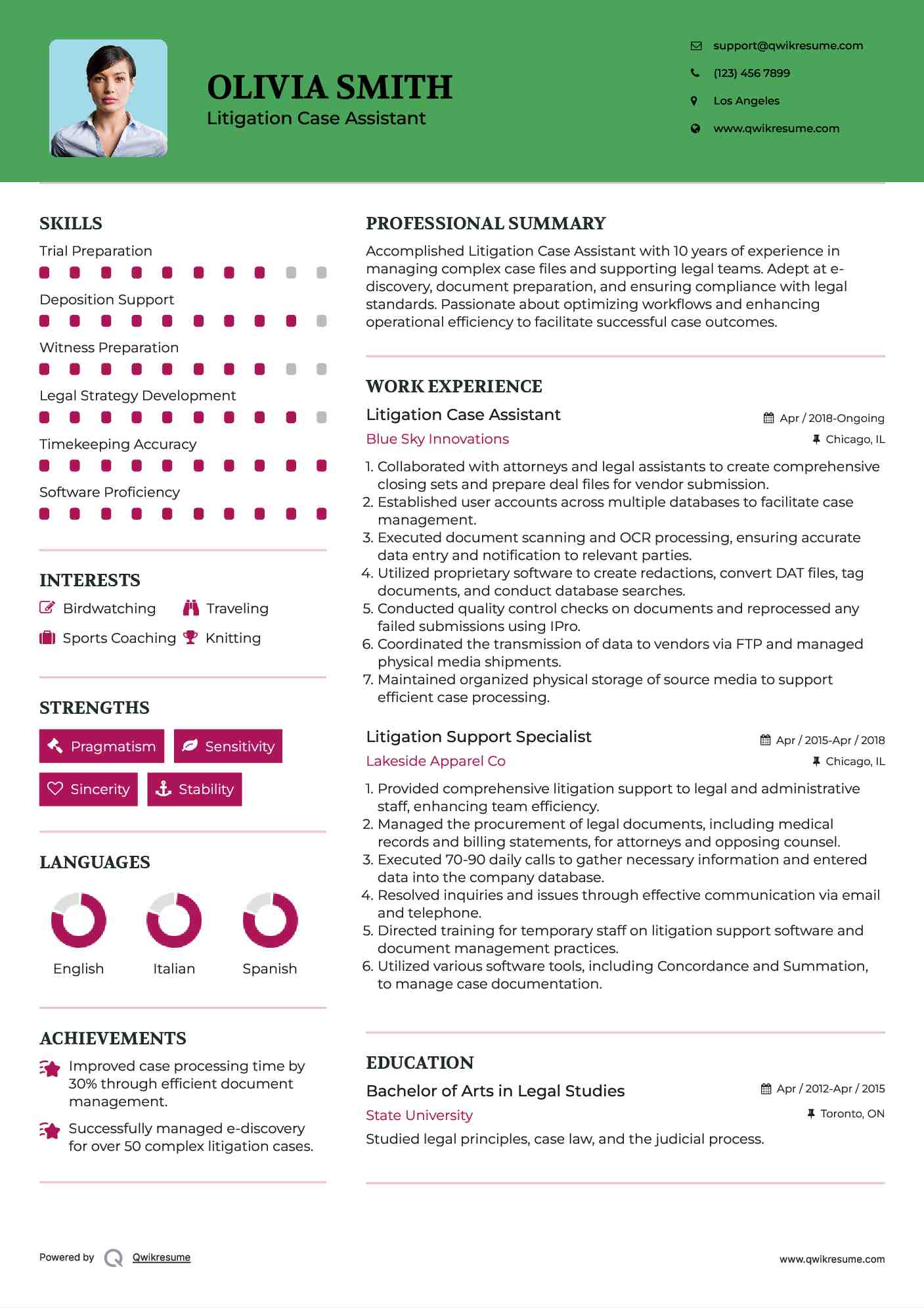 Litigation Case Assistant Resume Example