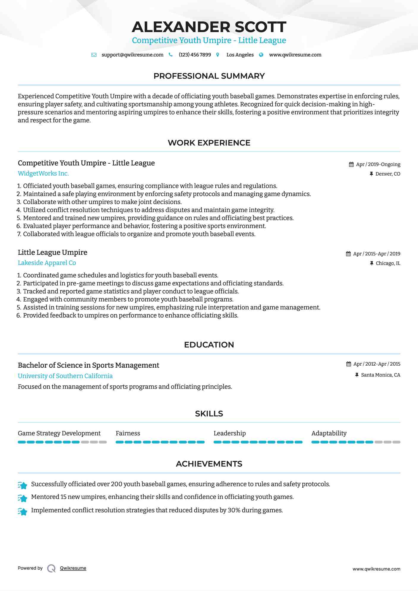 Competitive Youth Umpire - Little League Resume Sample
