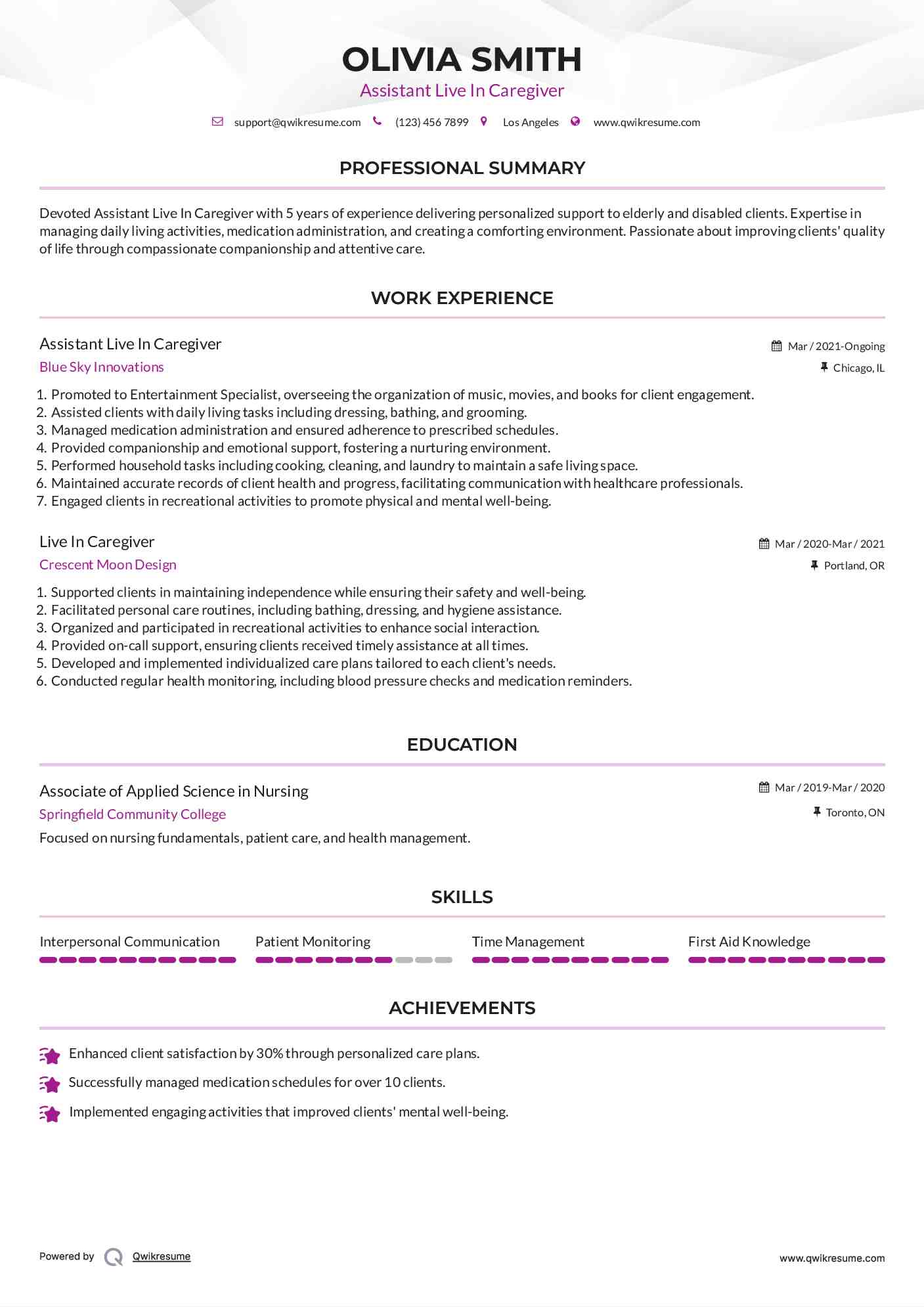 Assistant Live In Caregiver Resume Sample