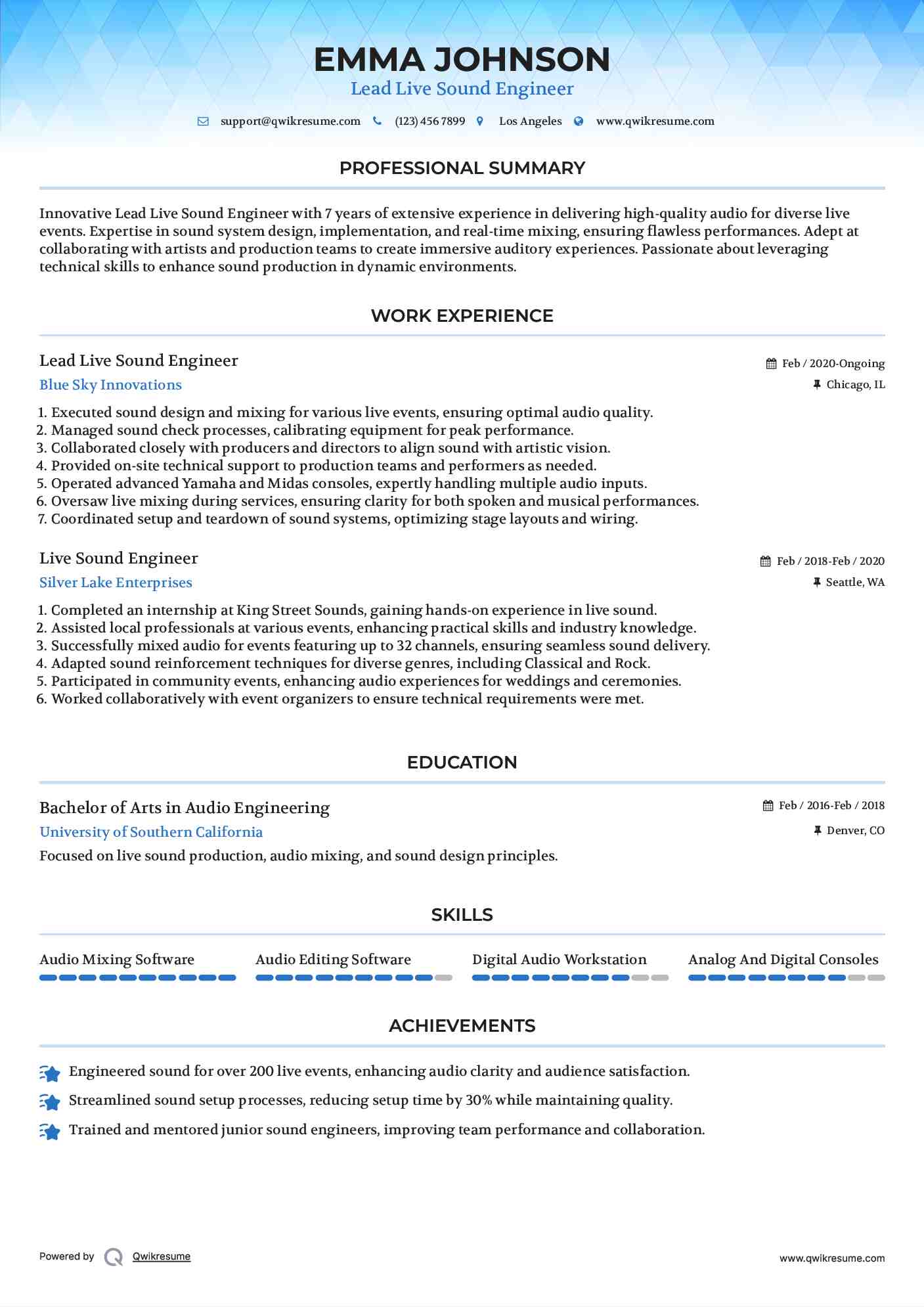 Live Sound Engineer Resume Samples QwikResume