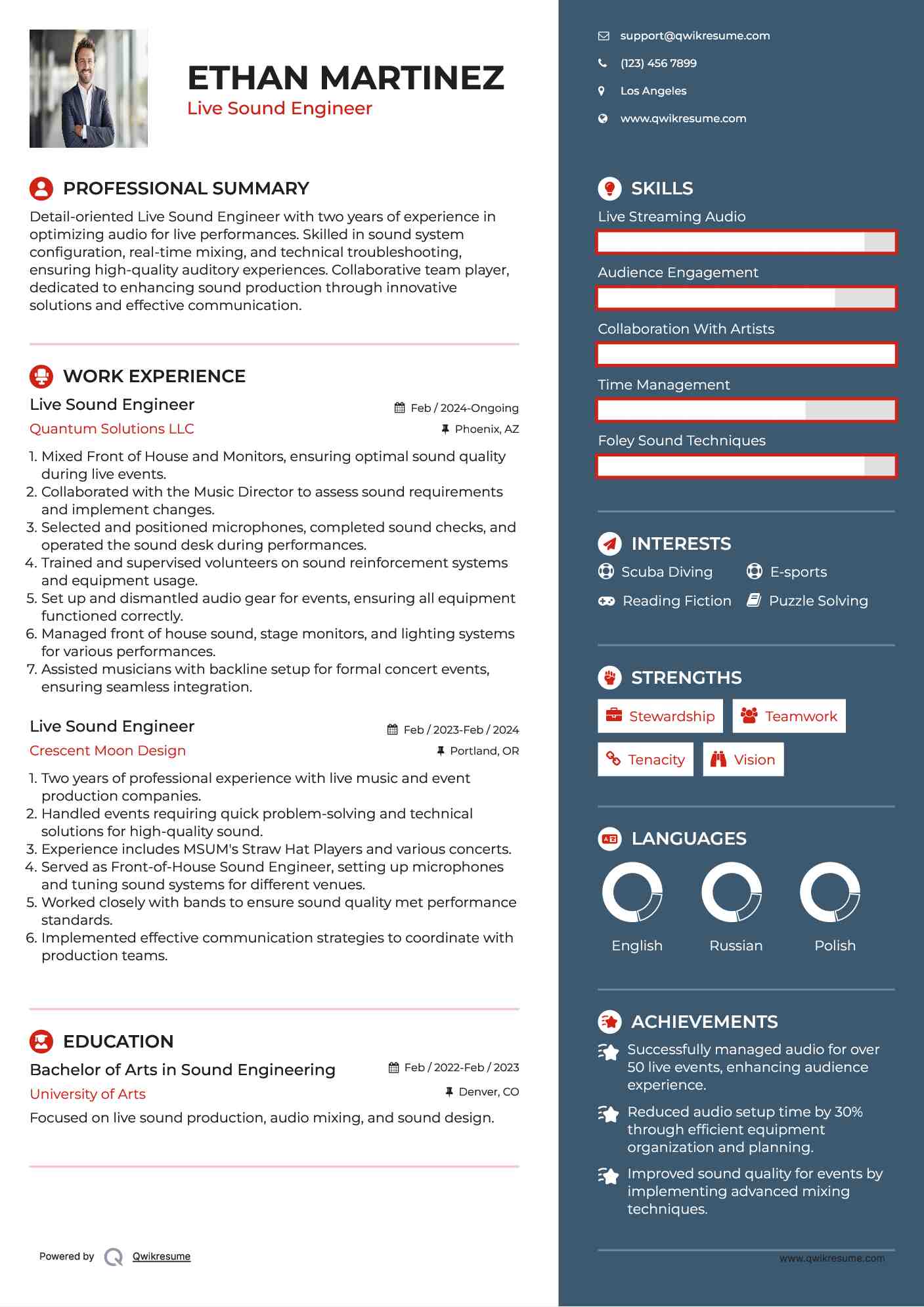 Live Sound Engineer Resume Samples | QwikResume Design Engineer Resume Example