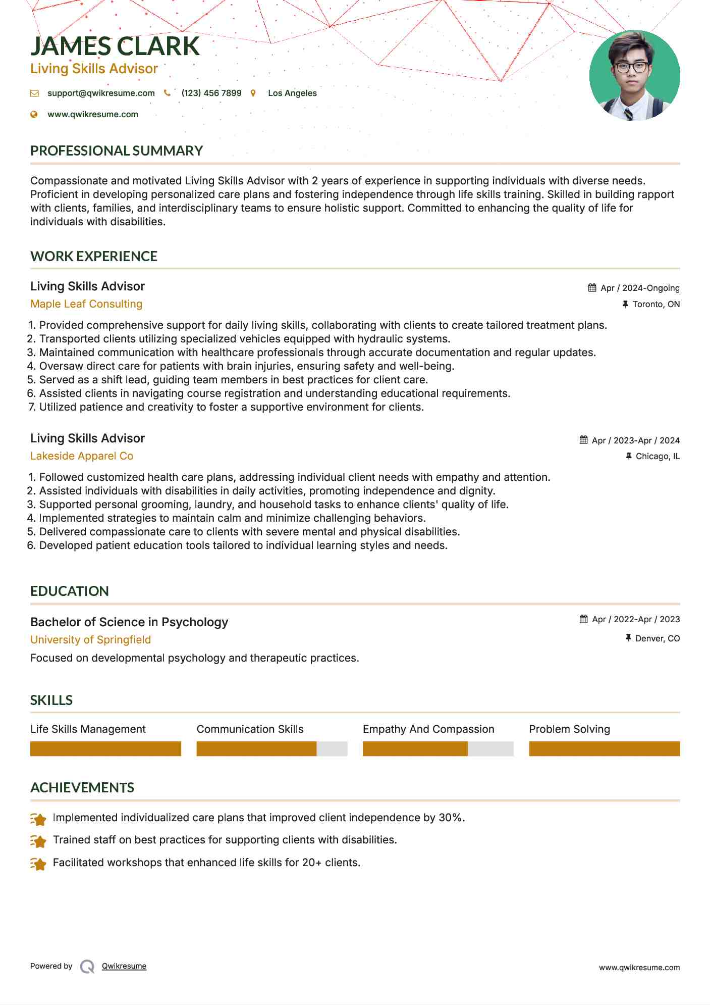 Living Skills Advisor Resume Model