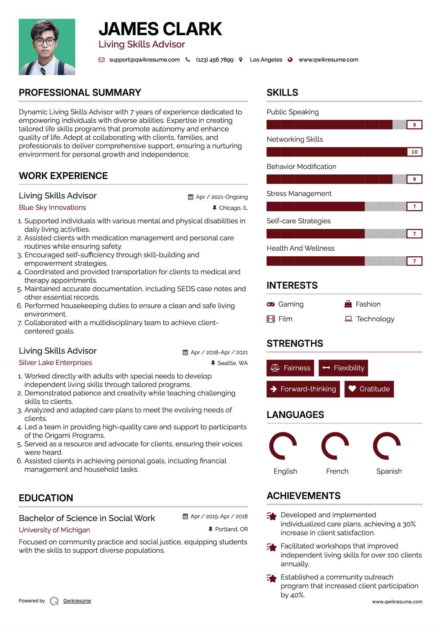 Living Skills Advisor Resume Example