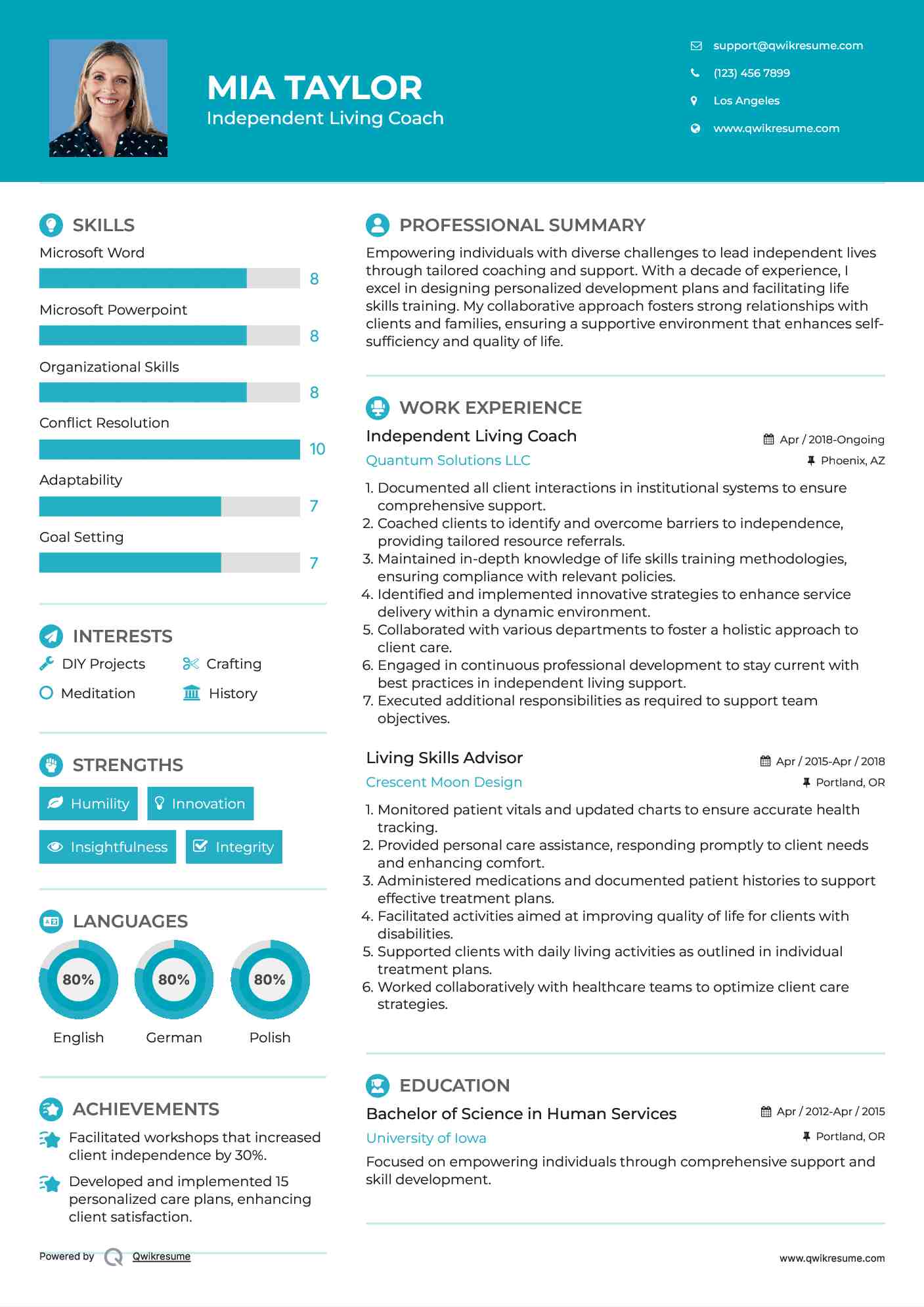 Independent Living Coach Resume Example
