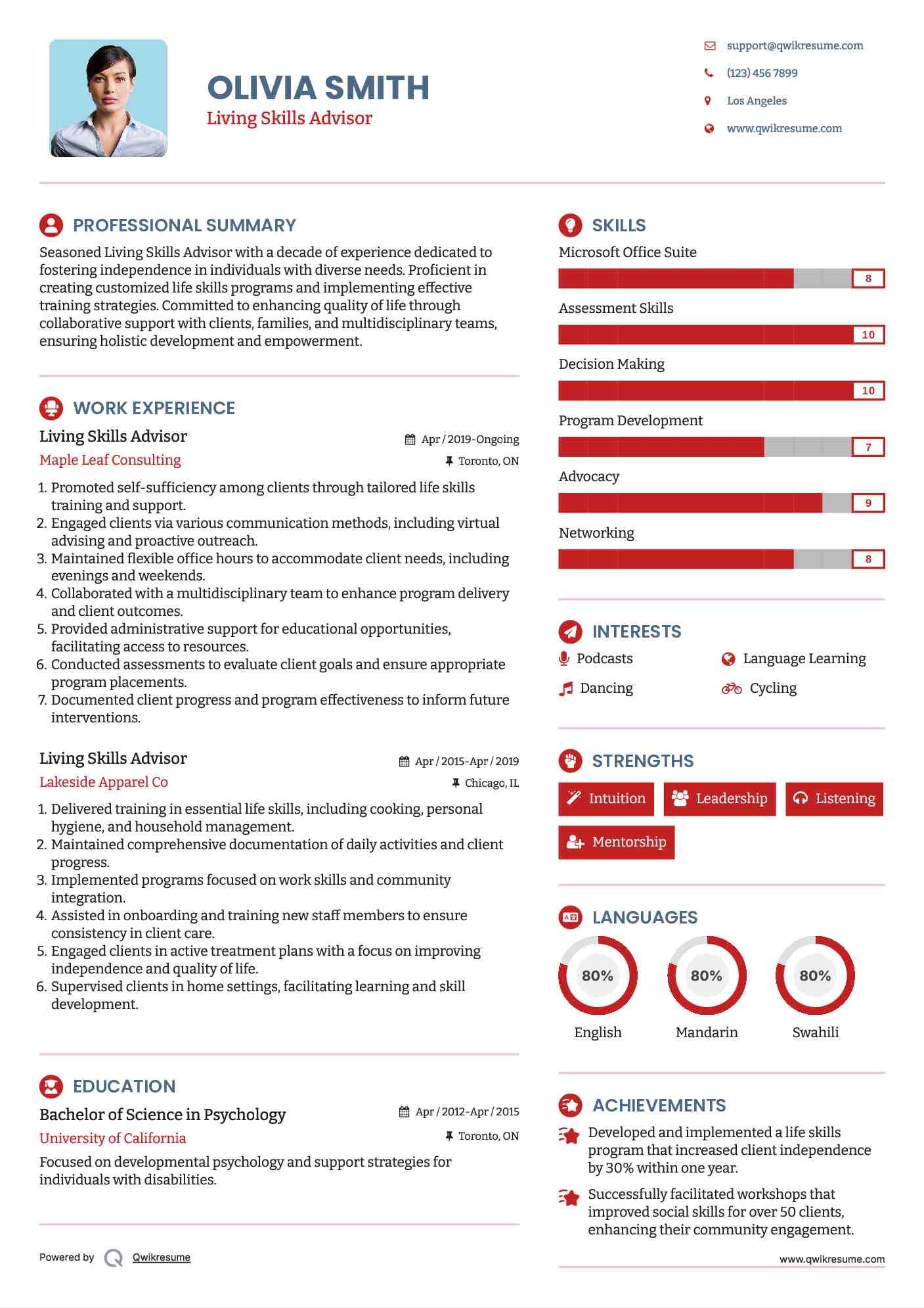 Living Skills Advisor Resume Sample