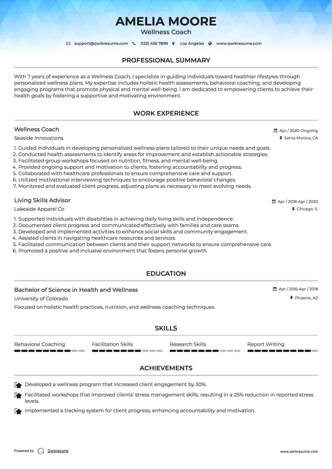 Wellness Coach Resume Sample