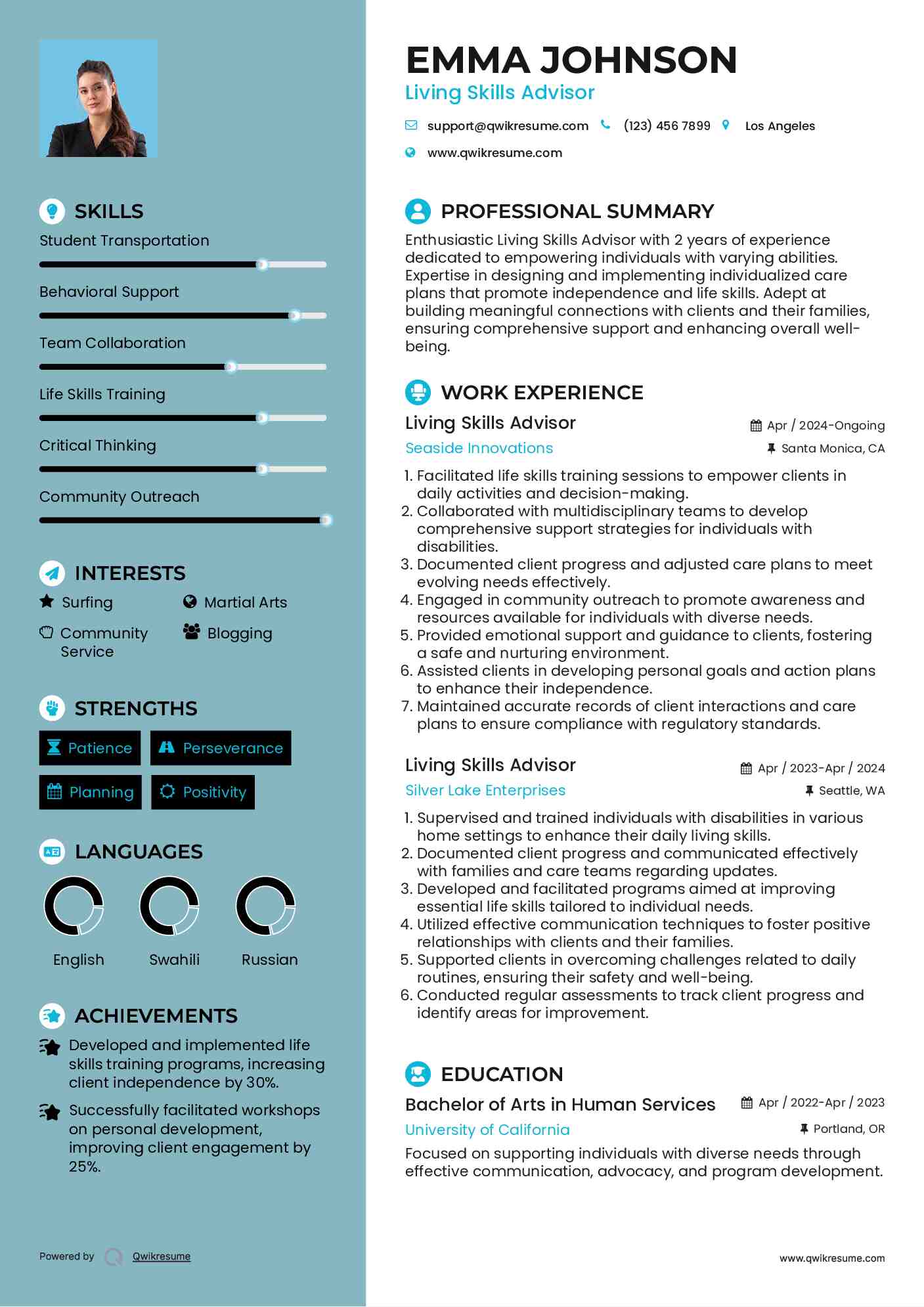 Living Skills Advisor Resume Format