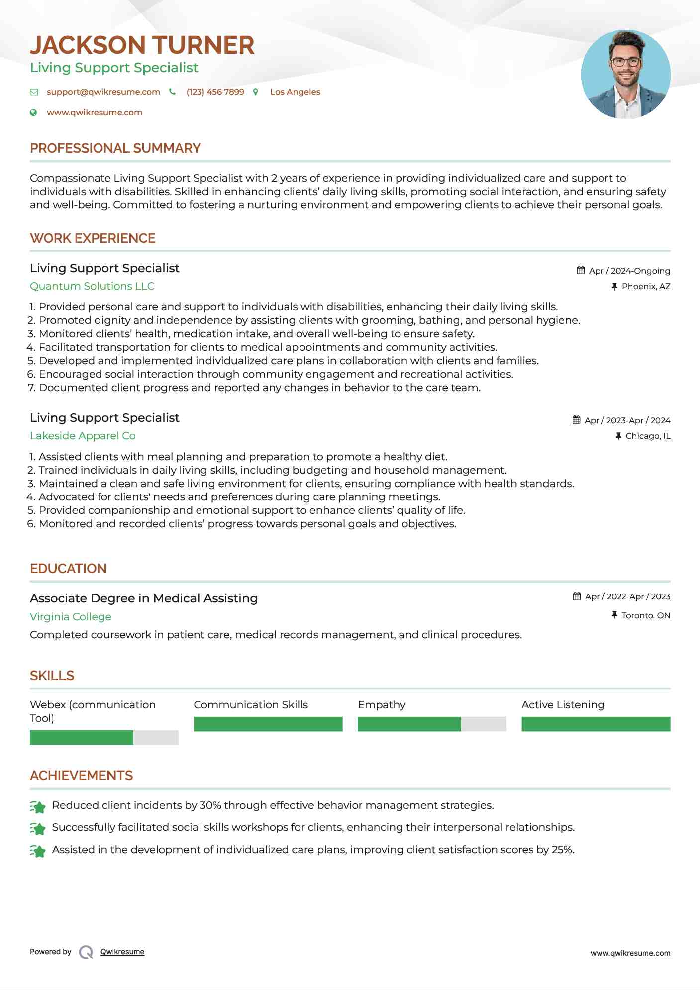 Living Support Specialist Resume Example