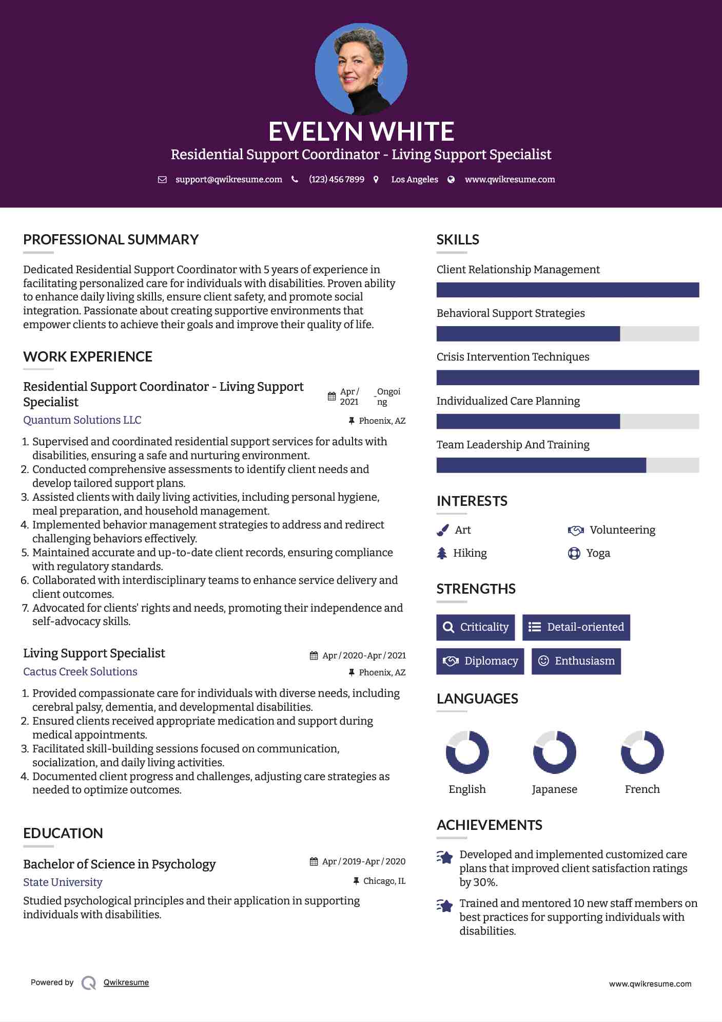 Residential Support Coordinator - Living Support Specialist Resume Example