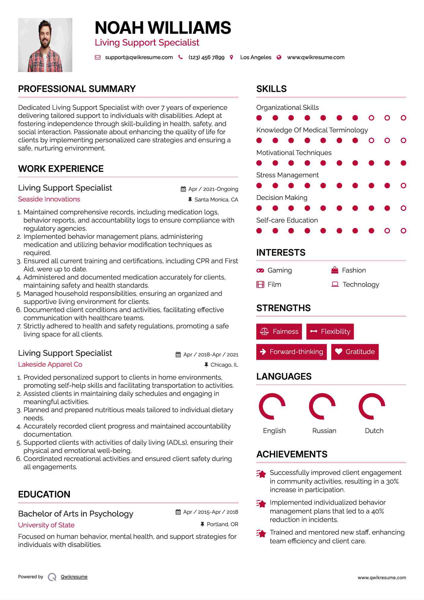 Living Support Specialist Resume Template
