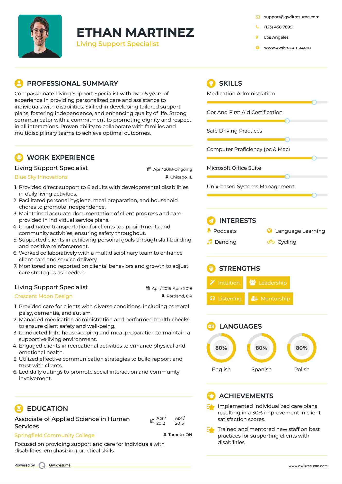 Living Support Specialist Resume Example