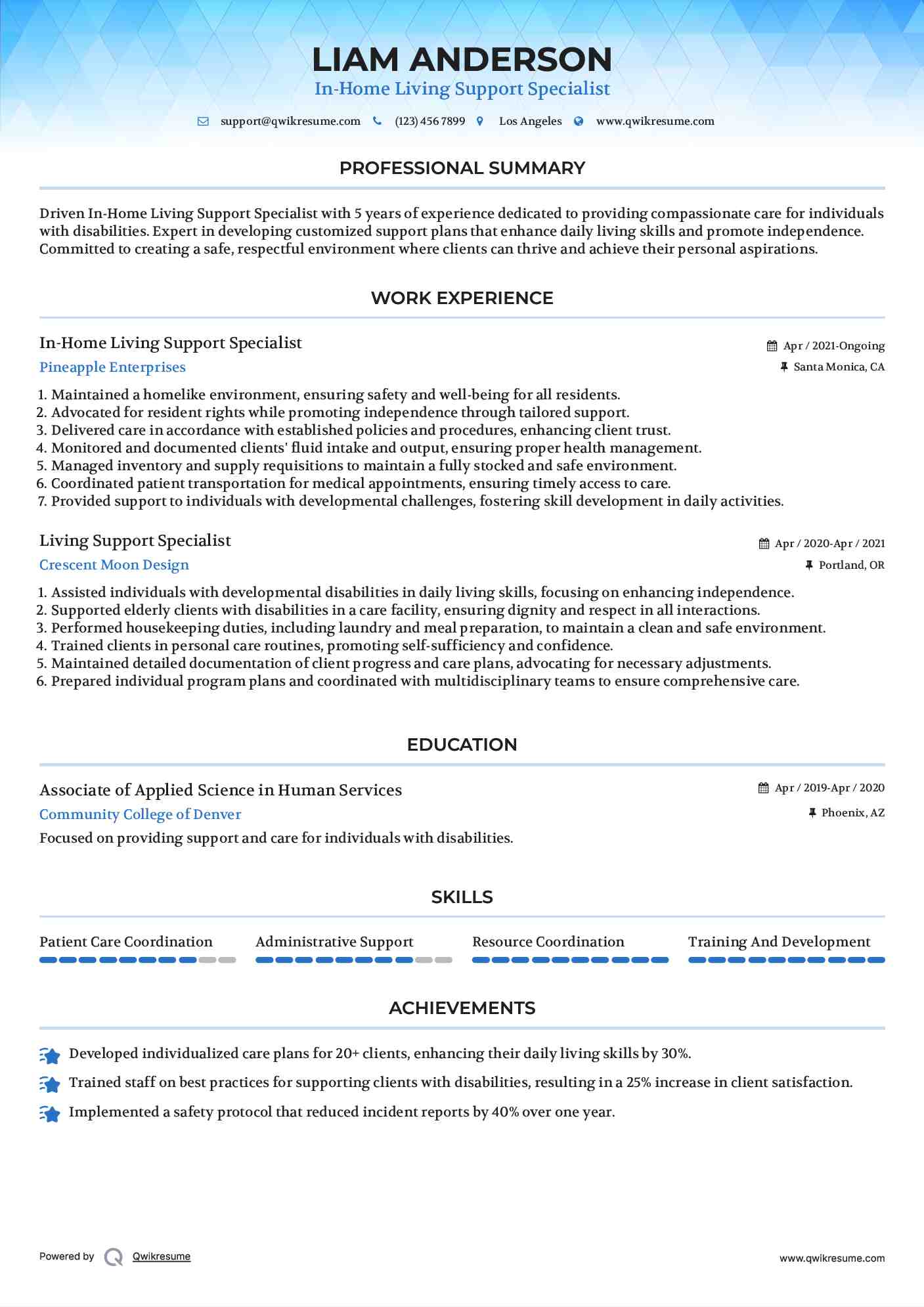 In-Home Living Support Specialist Resume Sample