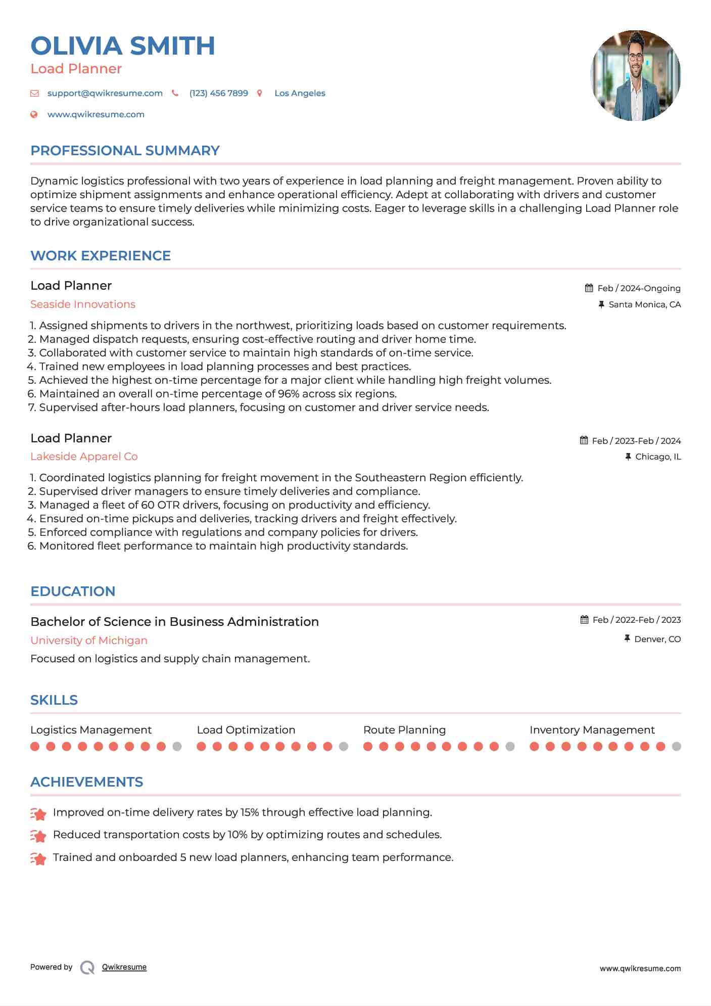 Load Planner Resume Template