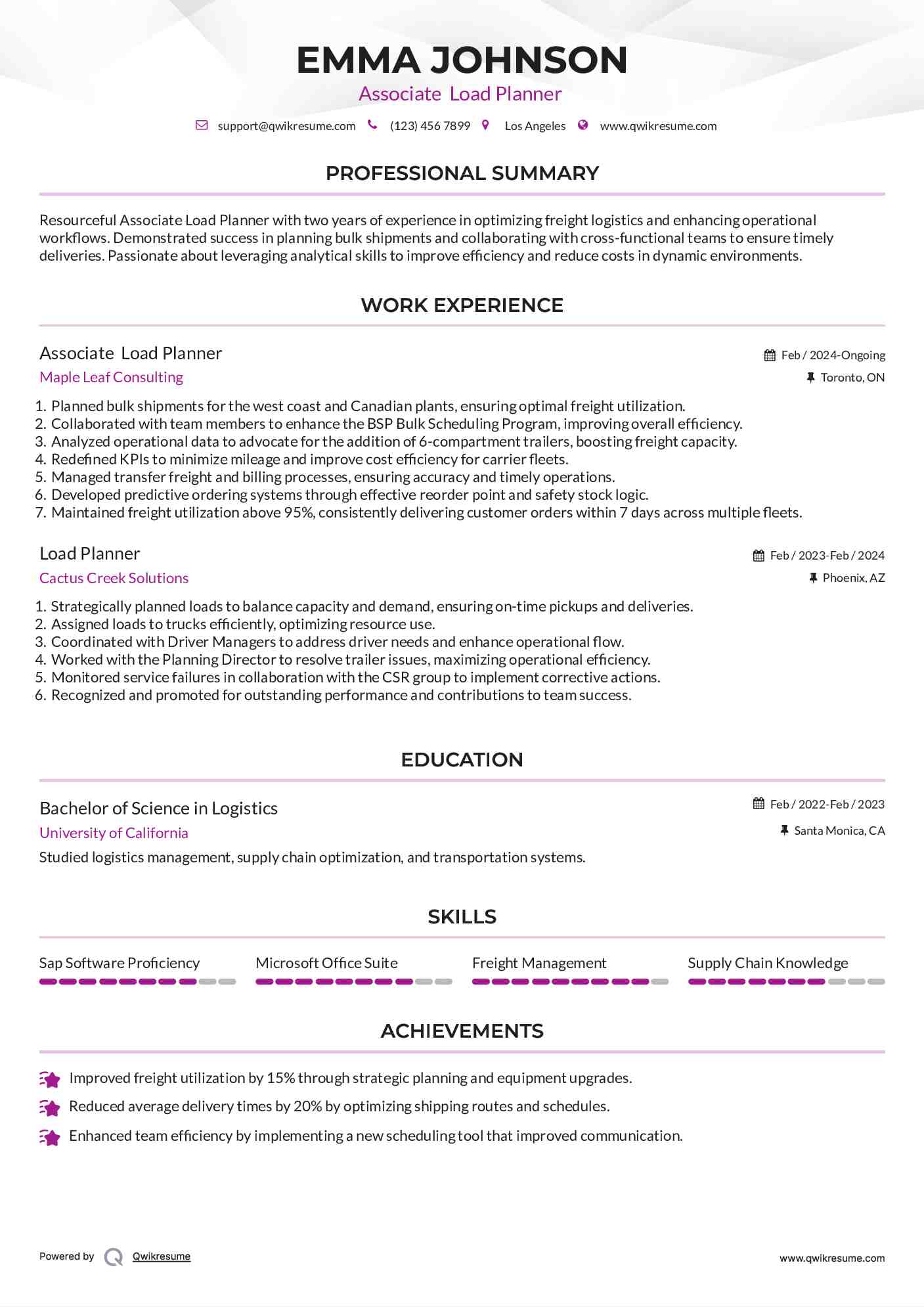 Associate  Load Planner  Resume Sample