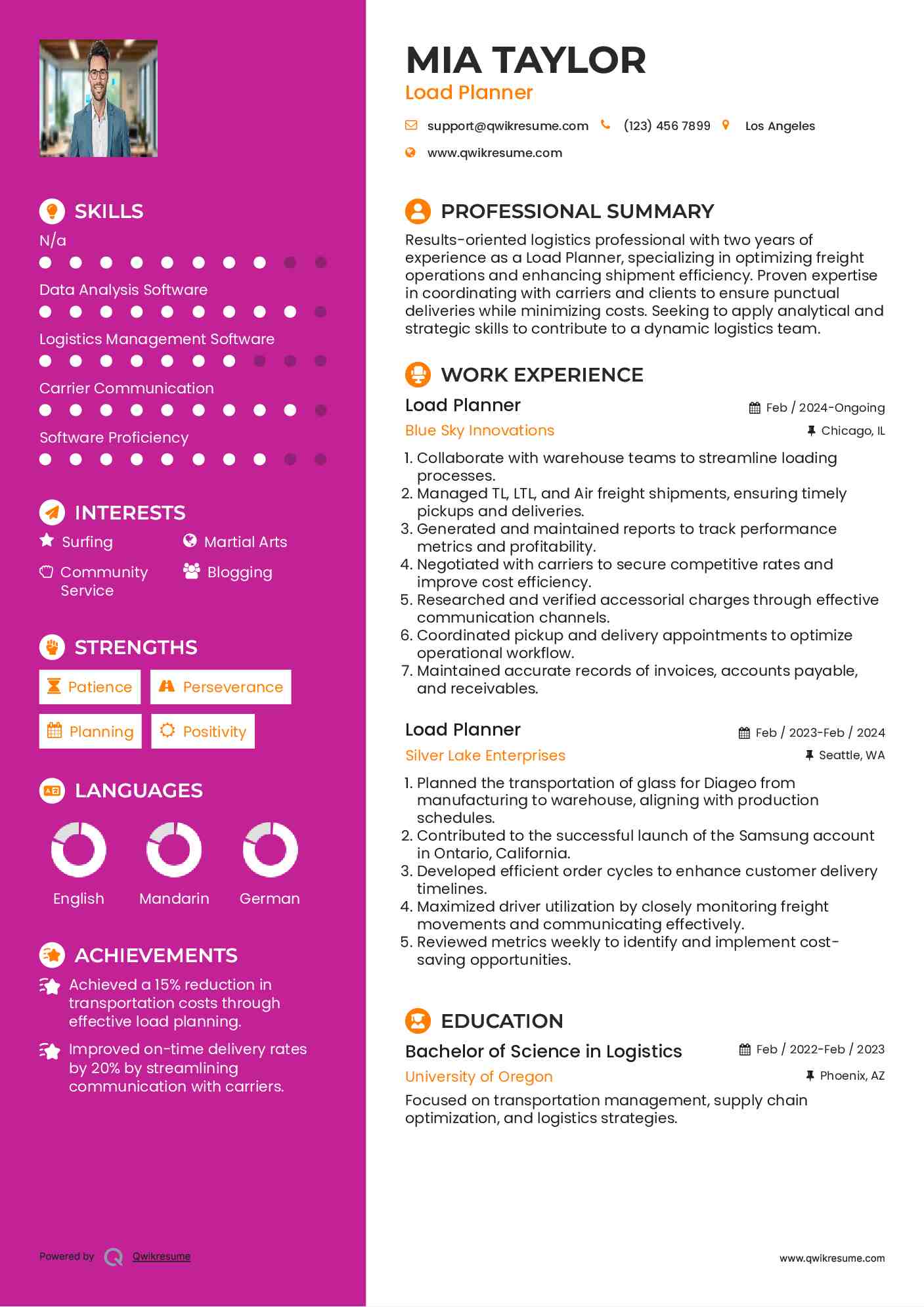 Load Planner Resume Sample