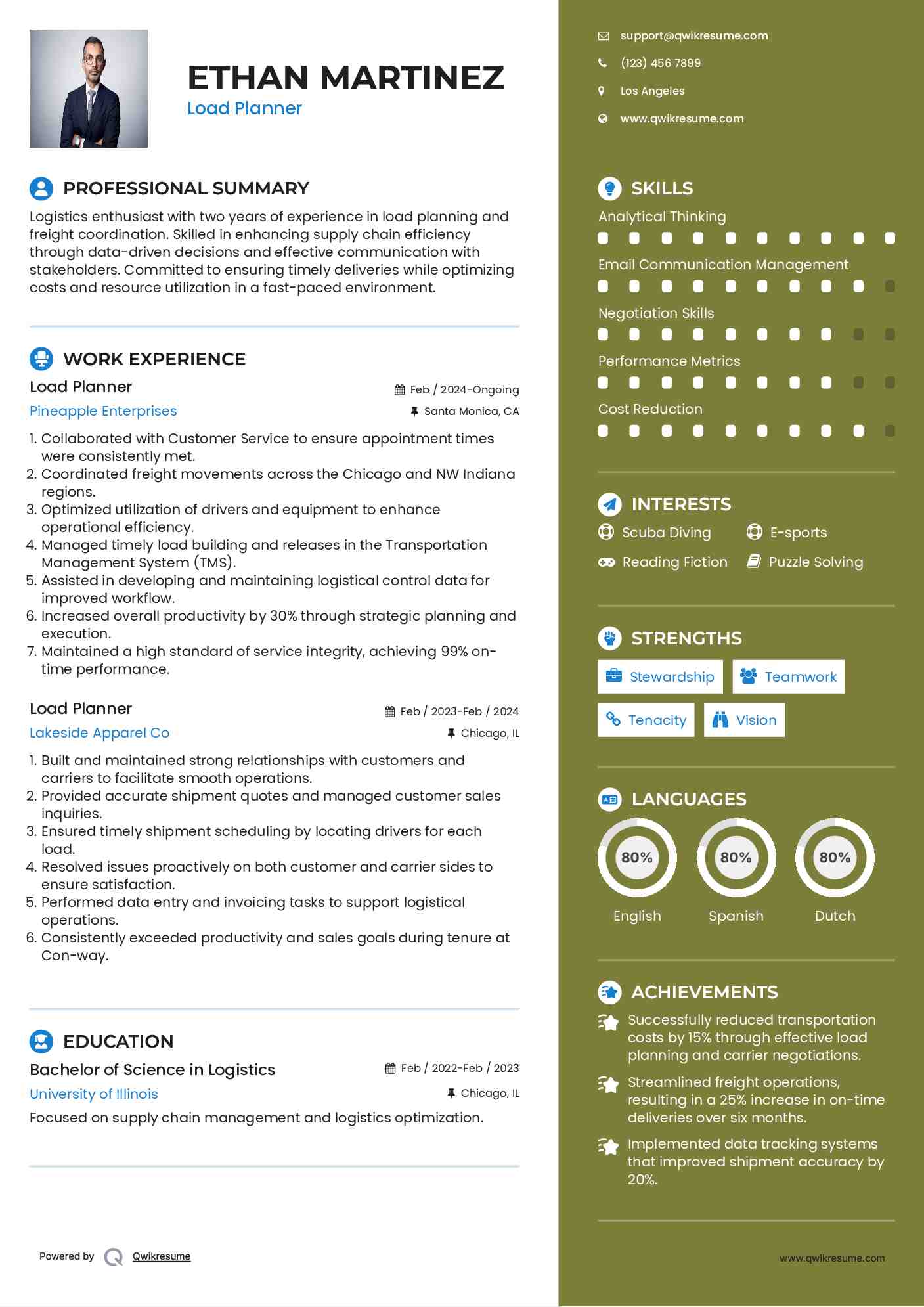 Load Planner Resume Example