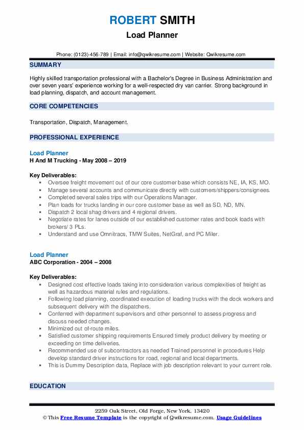 Load Planner Resume Samples QwikResume