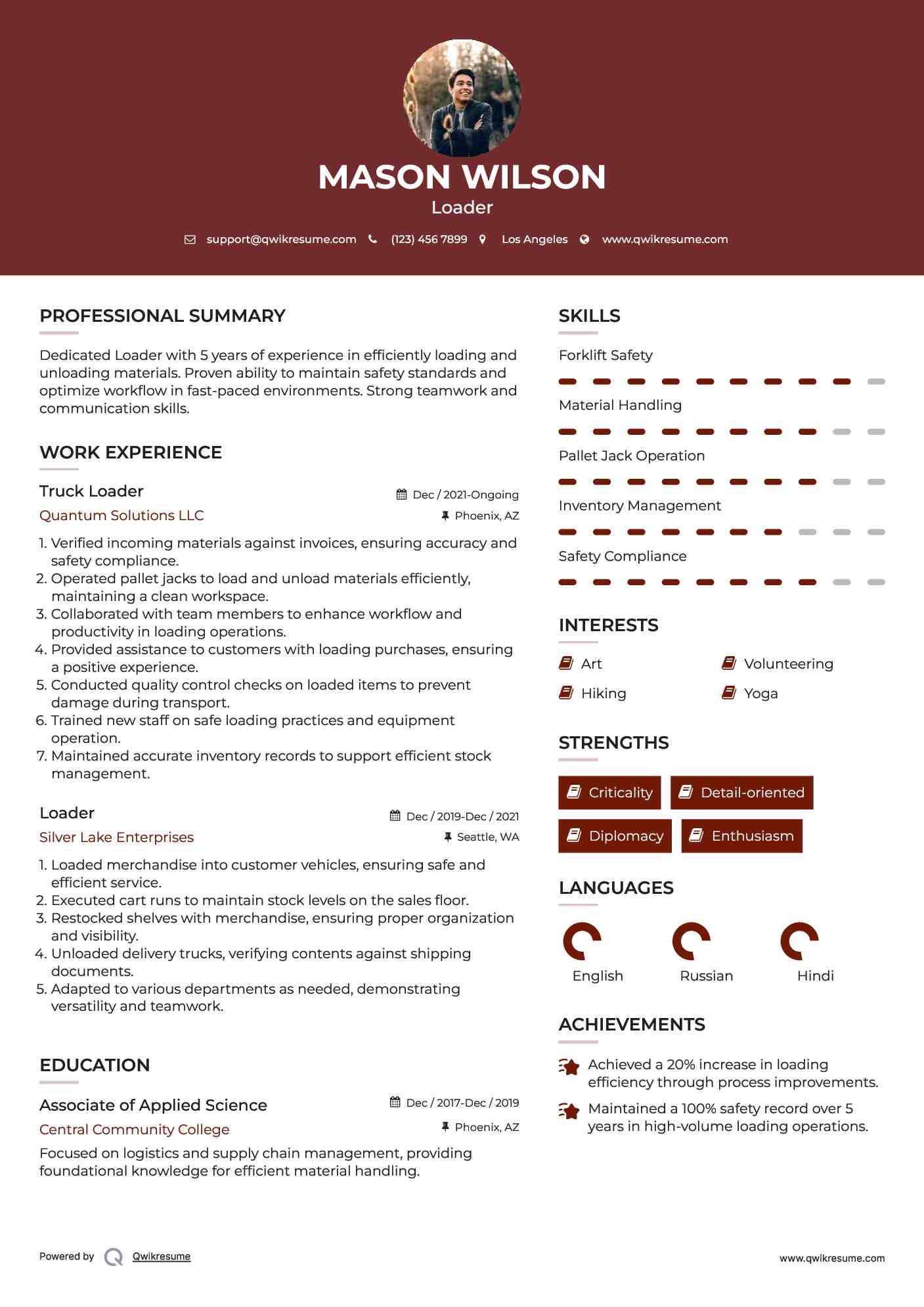 Truck Loader Resume Model