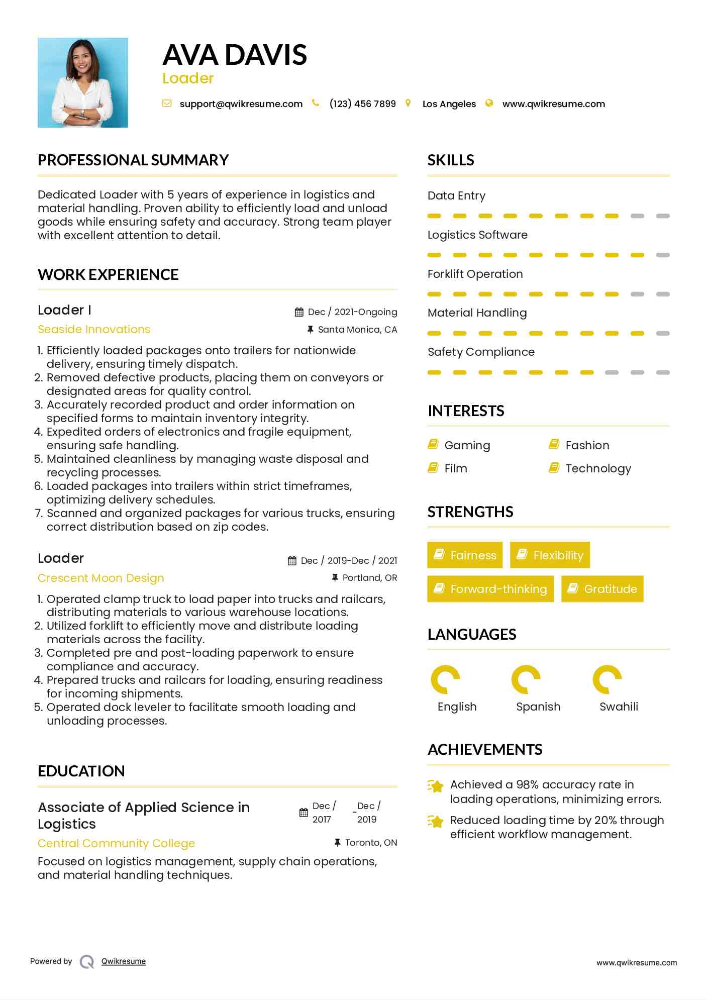 Loader I Resume Format