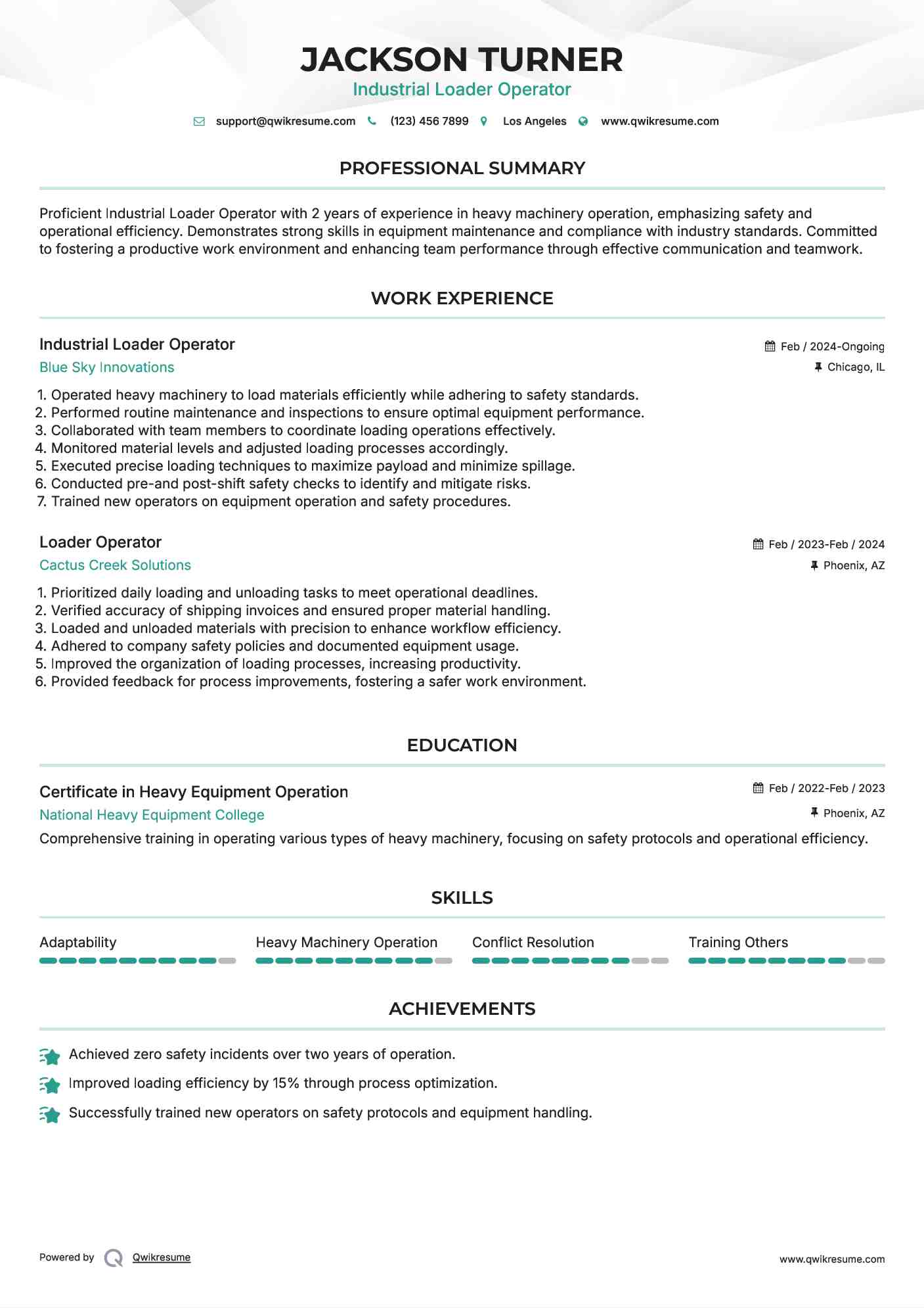 Industrial Loader Operator Resume Example